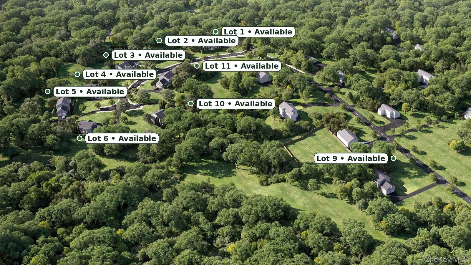 Aerial overview of a residential development featuring multiple available lots, established homes, paved access roads, and mature tree coverage throughout Aerial overview of a residential development featuring multiple available lots, established homes, paved access roads, and mature tree coverage throughout