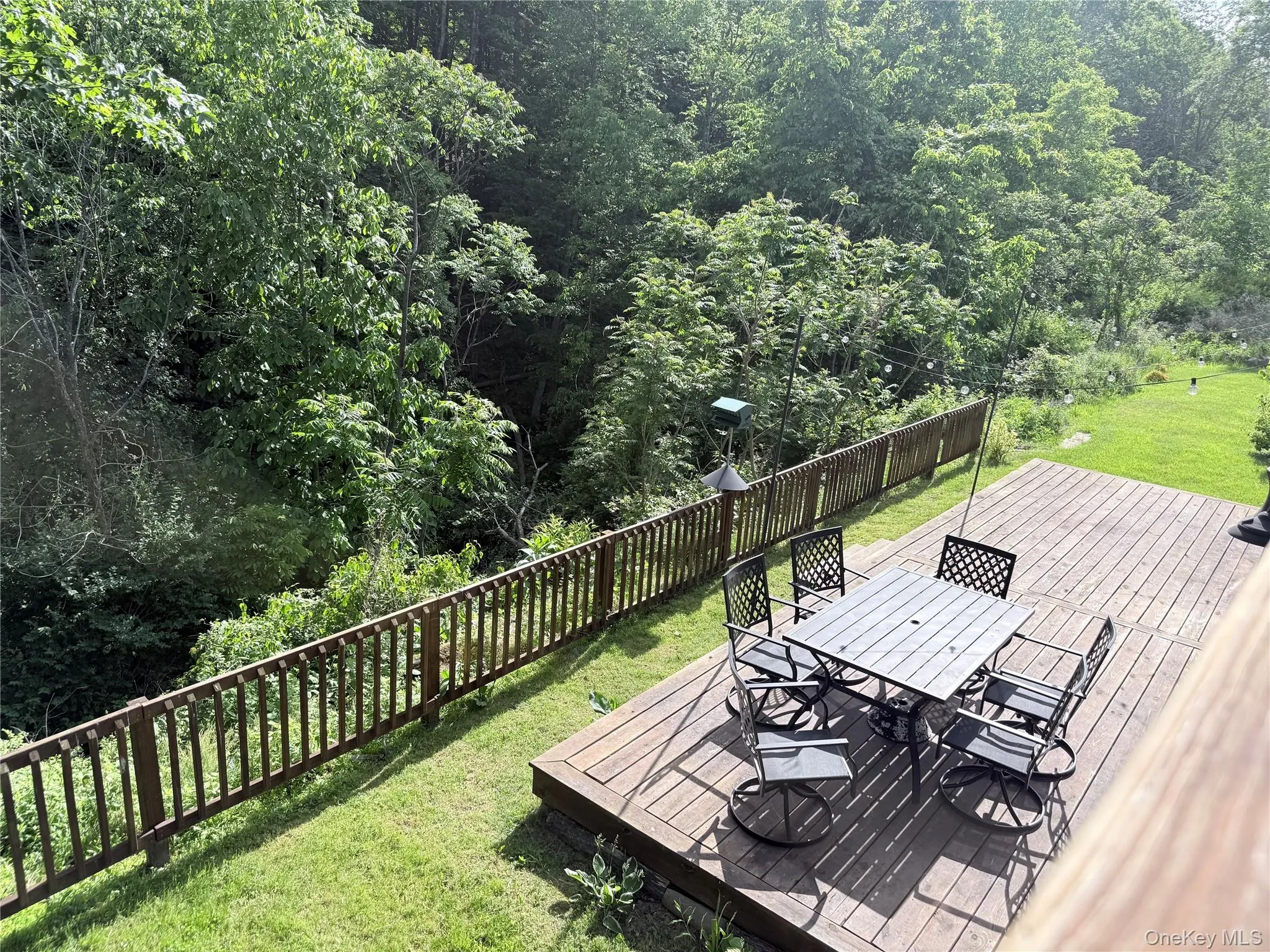Expansive wood deck with a perimeter railing Expansive wood deck with a perimeter railing
