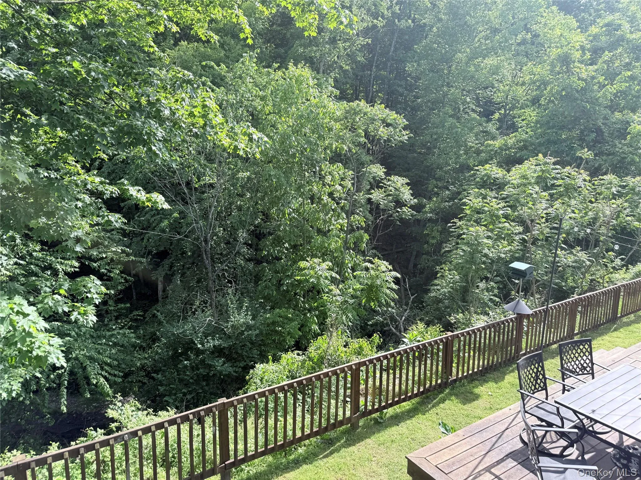 Expansive outdoor deck with wood-finish flooring and a perimeter railing Expansive outdoor deck with wood-finish flooring and a perimeter railing