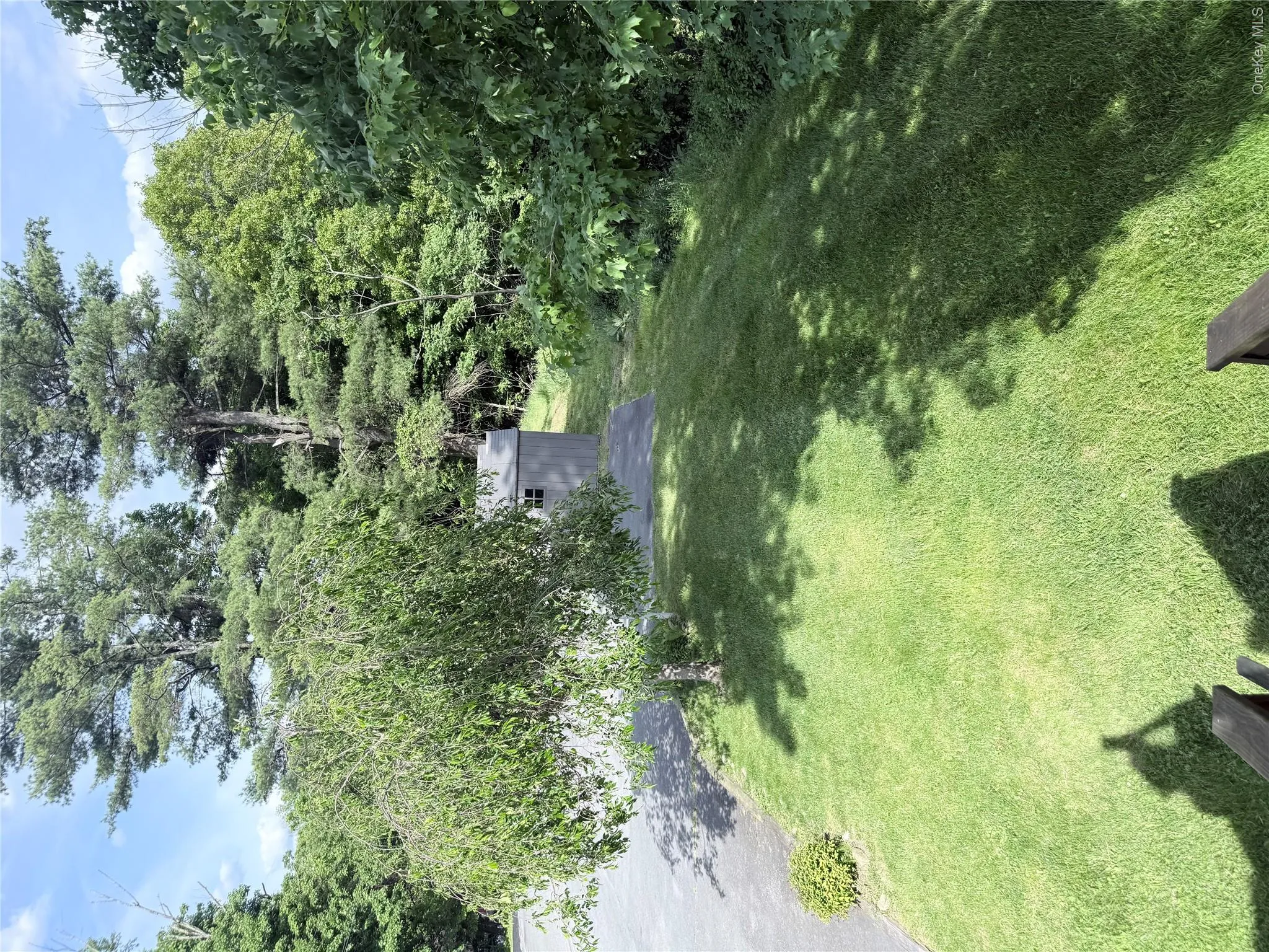 Spacious lawn area featuring mature trees and a detached storage shed Spacious lawn area featuring mature trees and a detached storage shed