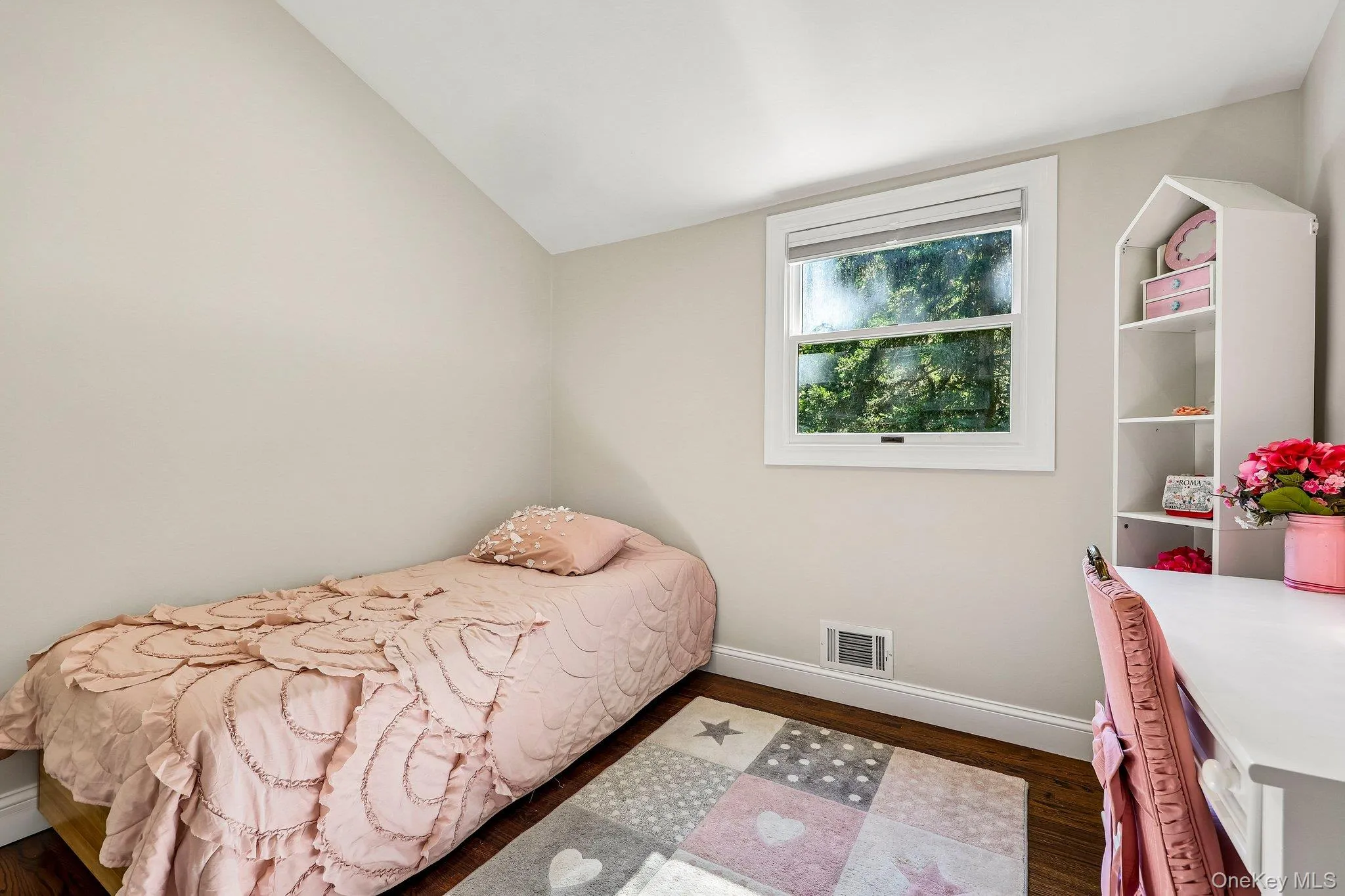 Vaulted ceiling, hardwood floors and closet Vaulted ceiling, hardwood floors and closet