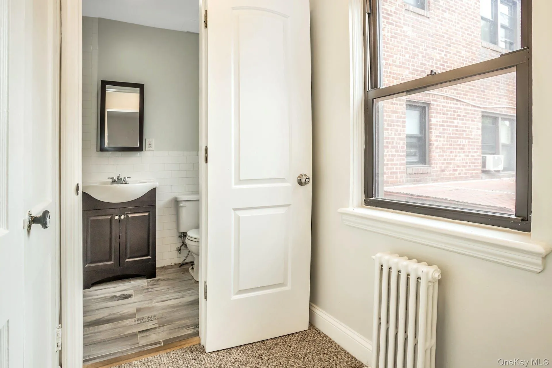 Bathroom with a wealth of natural light, toilet, vanity, and radiator Bathroom with a wealth of natural light, toilet, vanity, and radiator