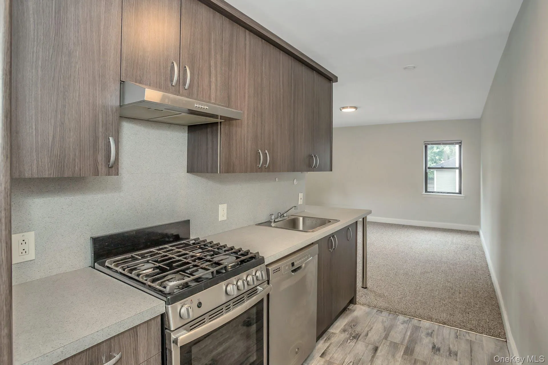 Kitchen with baseboards, a sink, light countertops, under cabinet range hood, and stainless steel appliances Kitchen with baseboards, a sink, light countertops, under cabinet range hood, and stainless steel appliances