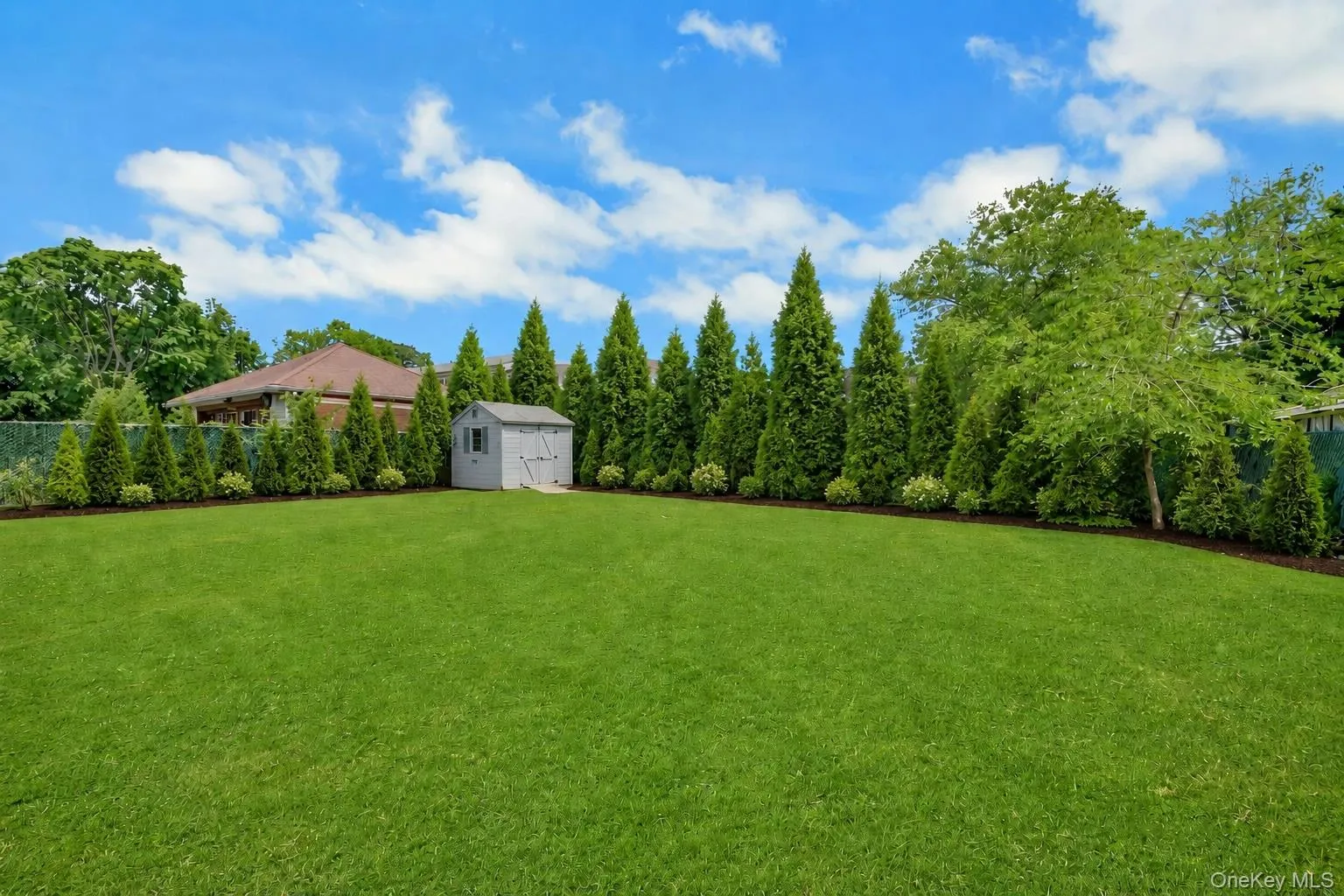 Virtually staged landscape rendering with proposed arborvitae privacy hedge along the rear fence. Virtually staged landscape rendering with proposed arborvitae privacy hedge along the rear fence.