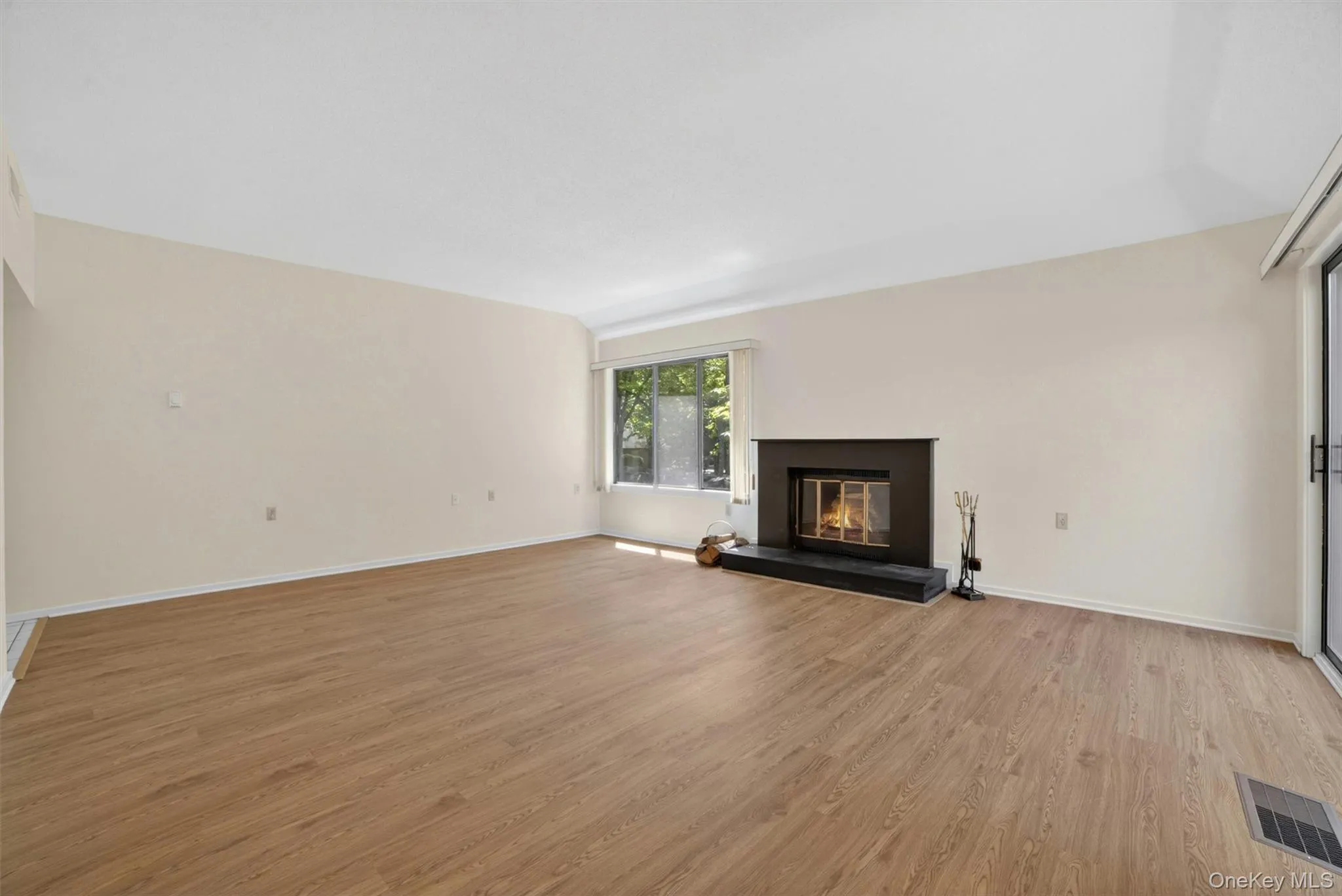 Spacious room featuring wood-finish flooring, a contemporary fireplace with a dark surround and hearth, a multi-pane window, and a sliding glass door Spacious room featuring wood-finish flooring, a contemporary fireplace with a dark surround and hearth, a multi-pane window, and a sliding glass door
