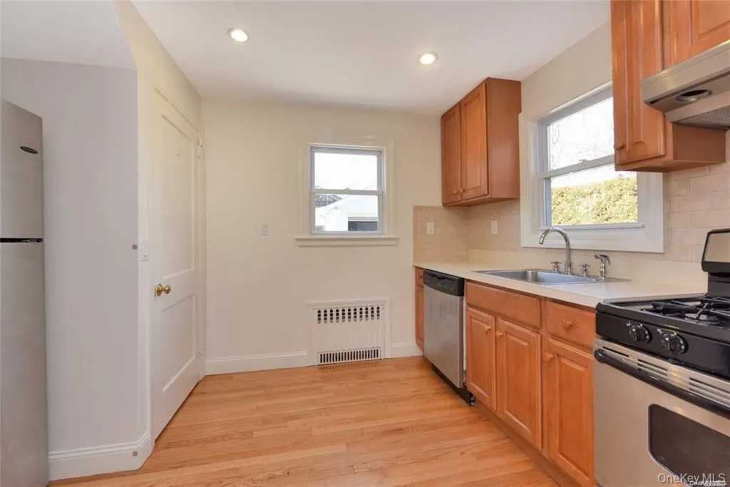 Kitchen with appliances with stainless steel finishes, light wood-style flooring, healthy amount of natural light, light countertops, and recessed lighting Kitchen with appliances with stainless steel finishes, light wood-style flooring, healthy amount of natural light, light countertops, and recessed lighting