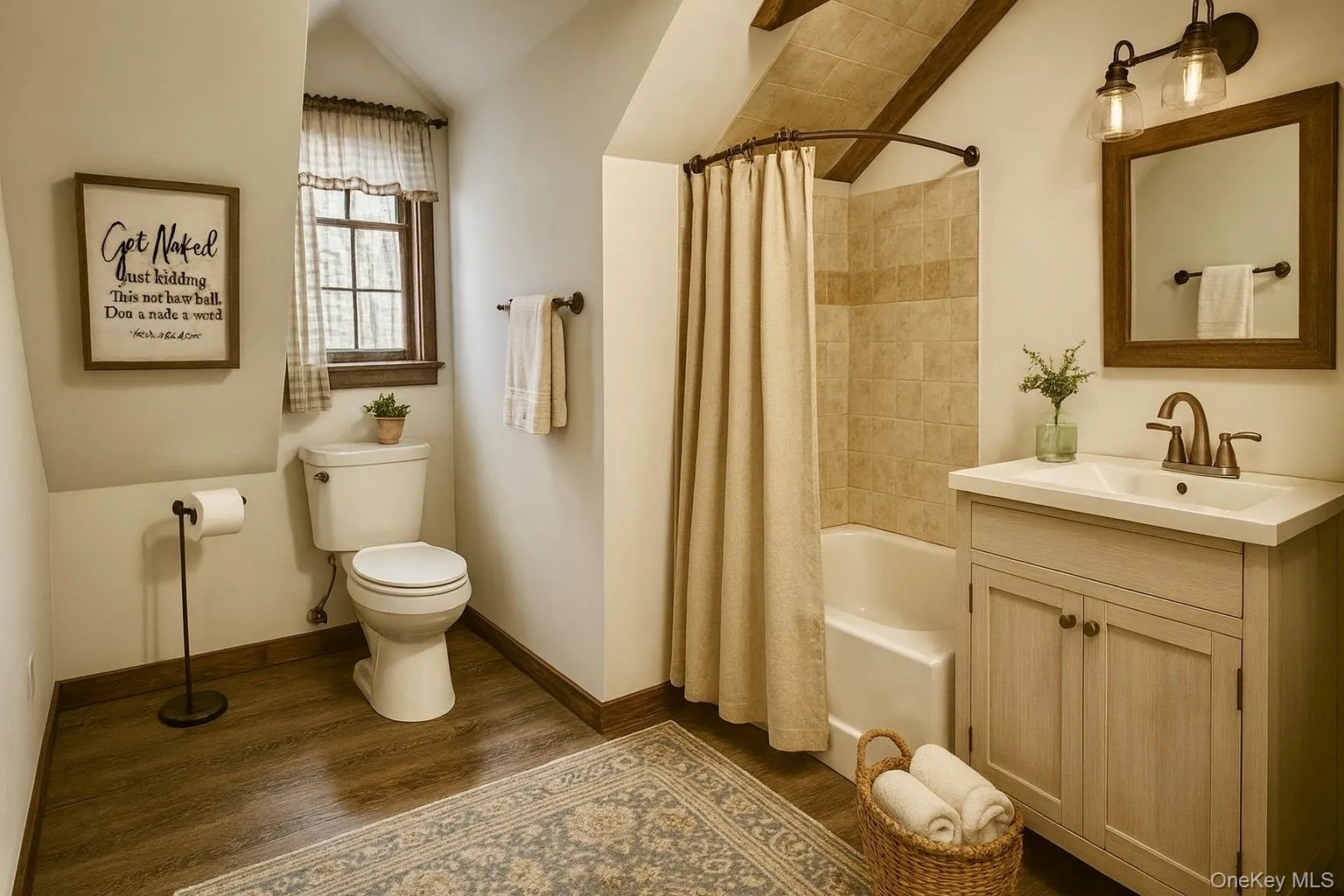 AI Generated Bathroom with vanity, shower / bathtub combination with curtain, lofted ceiling, and dark wood-style flooring AI Generated Bathroom with vanity, shower / bathtub combination with curtain, lofted ceiling, and dark wood-style flooring