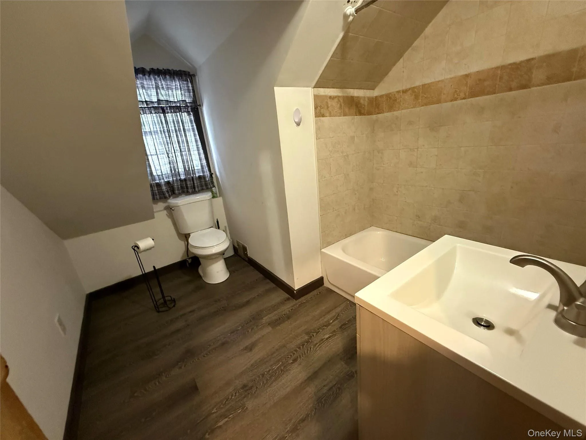Bathroom featuring vaulted ceiling, dark wood-type flooring, vanity, and bathtub / shower combination Bathroom featuring vaulted ceiling, dark wood-type flooring, vanity, and bathtub / shower combination