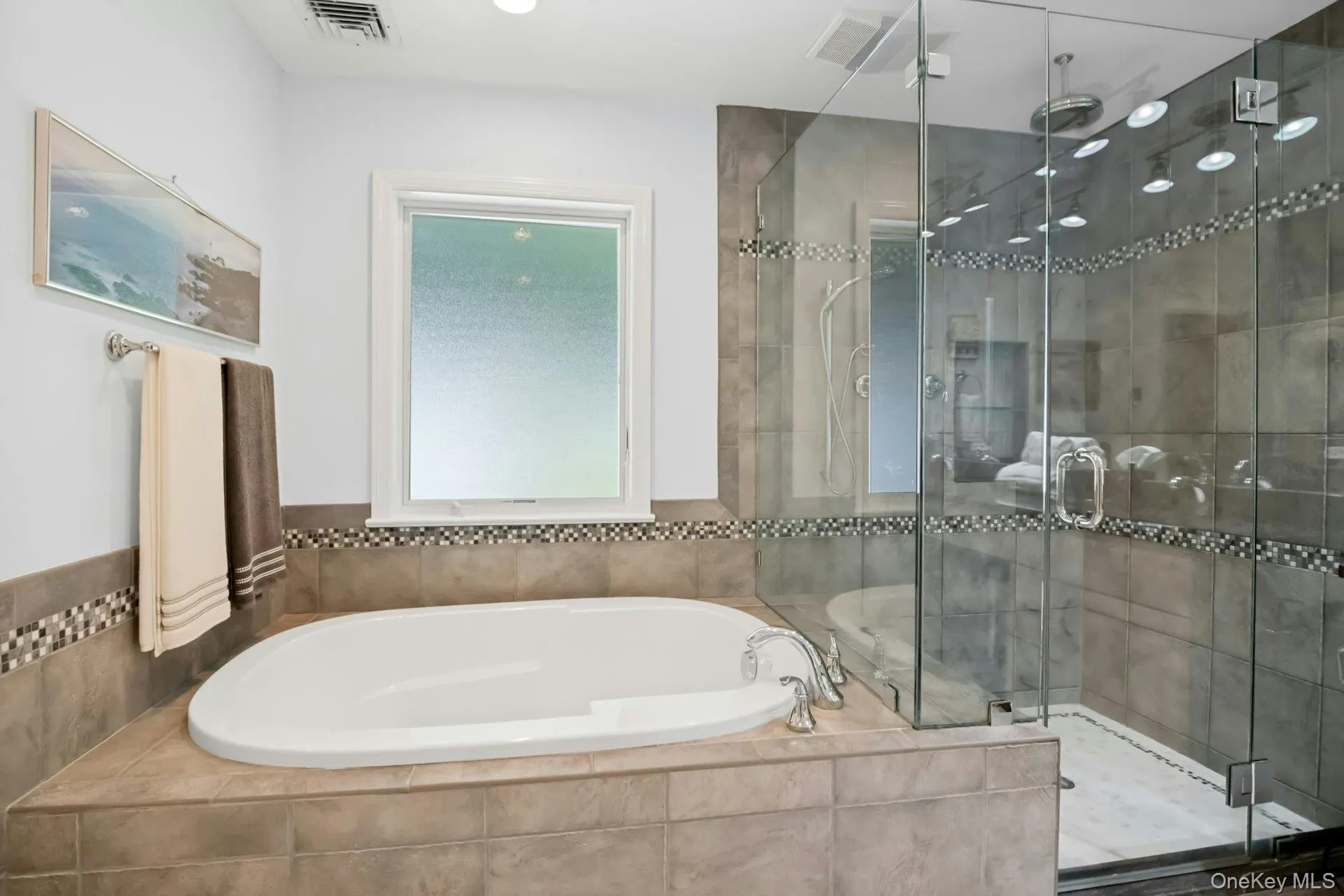 Close up of luxurious tub and shower in Primary bath. Close up of luxurious tub and shower in Primary bath.