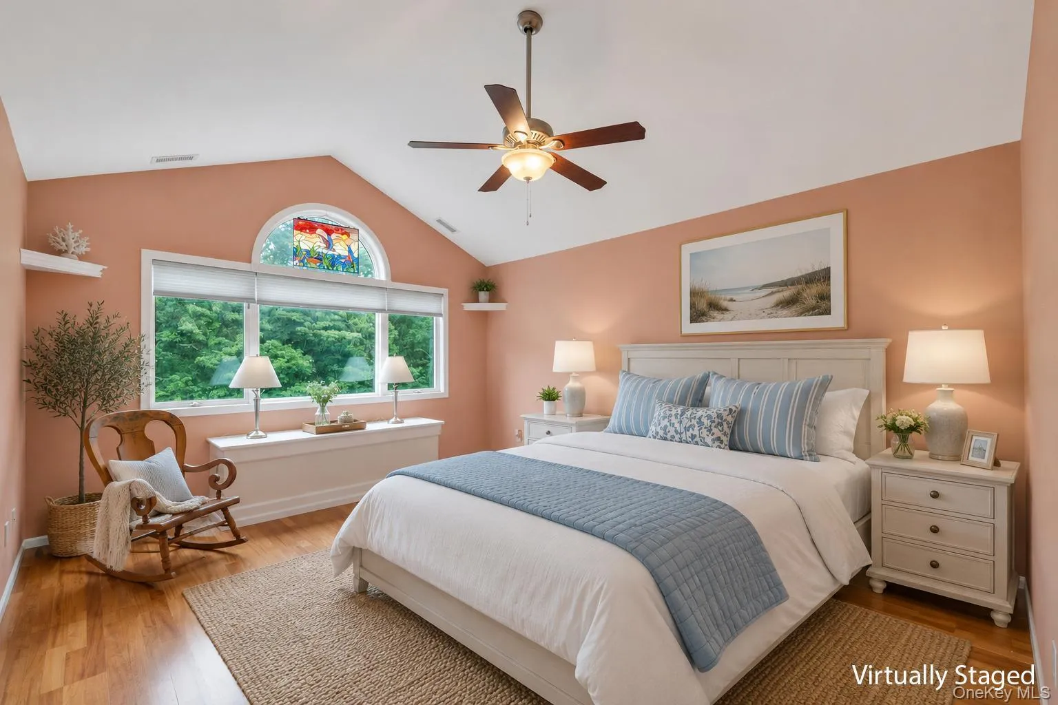 Master bedroom Suite, polished hardwood floors and vaulted ceilings. Light and bright window treatments stay. ceiling fan. Master bedroom Suite, polished hardwood floors and vaulted ceilings. Light and bright window treatments stay. ceiling fan.