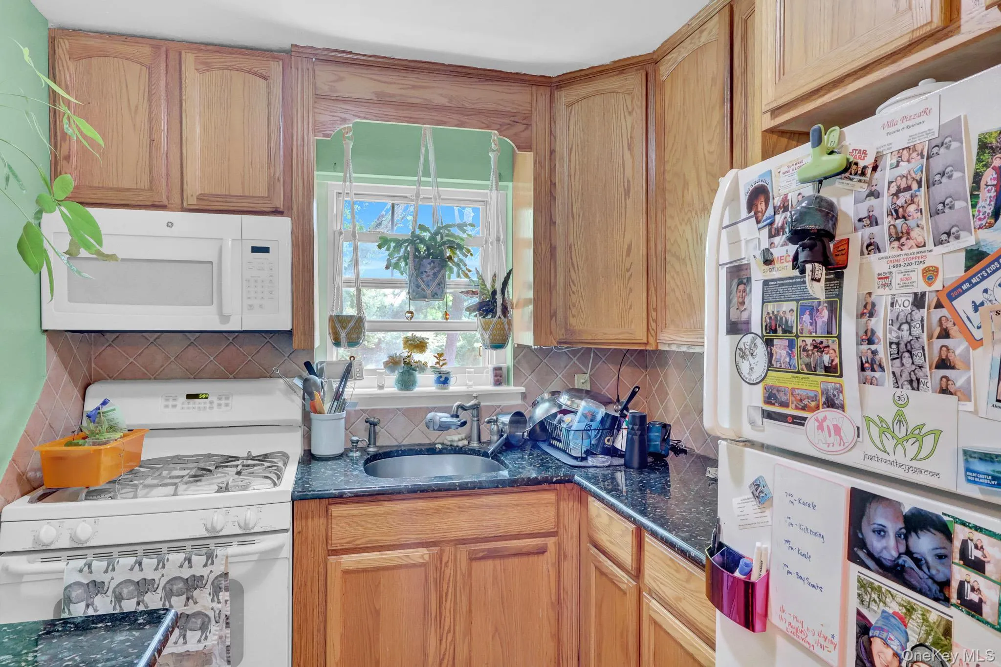 Kitchen featuring wood cabinetry, dark countertops, a white oven, a white microwave, and a window Kitchen featuring wood cabinetry, dark countertops, a white oven, a white microwave, and a window