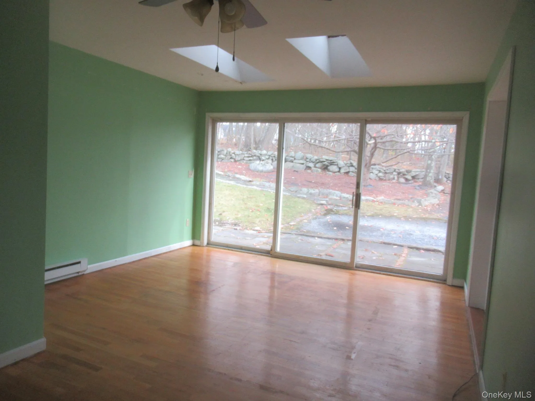 Unfurnished room featuring a baseboard heating unit, dark wood finished floors, and a skylight Unfurnished room featuring a baseboard heating unit, dark wood finished floors, and a skylight