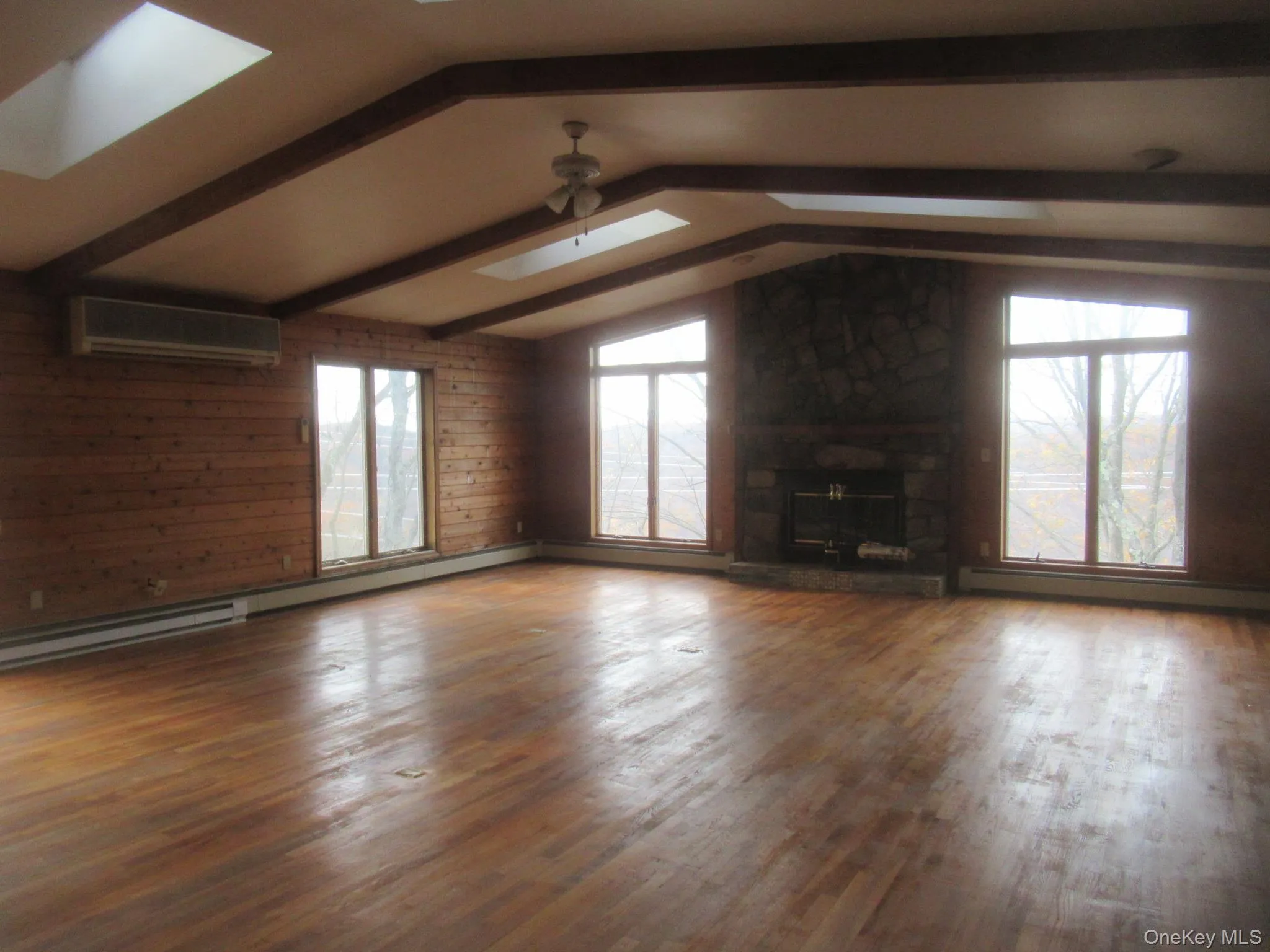 Unfurnished living room with a skylight, wood finished floors, a baseboard radiator, a wall mounted air conditioner, and baseboard heating Unfurnished living room with a skylight, wood finished floors, a baseboard radiator, a wall mounted air conditioner, and baseboard heating