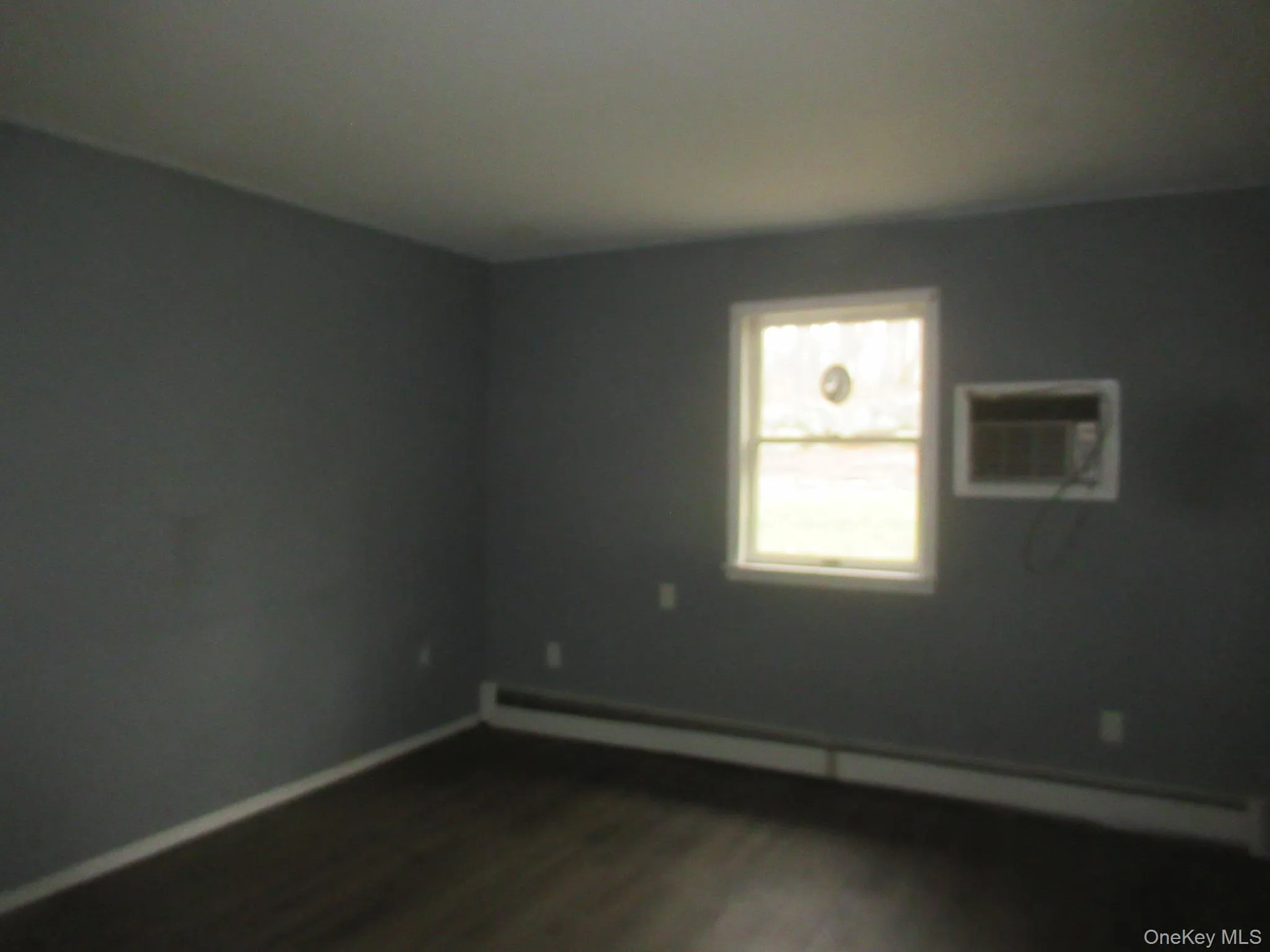 Empty room featuring a baseboard heating unit, dark wood-style flooring, and a wall mounted AC Empty room featuring a baseboard heating unit, dark wood-style flooring, and a wall mounted AC