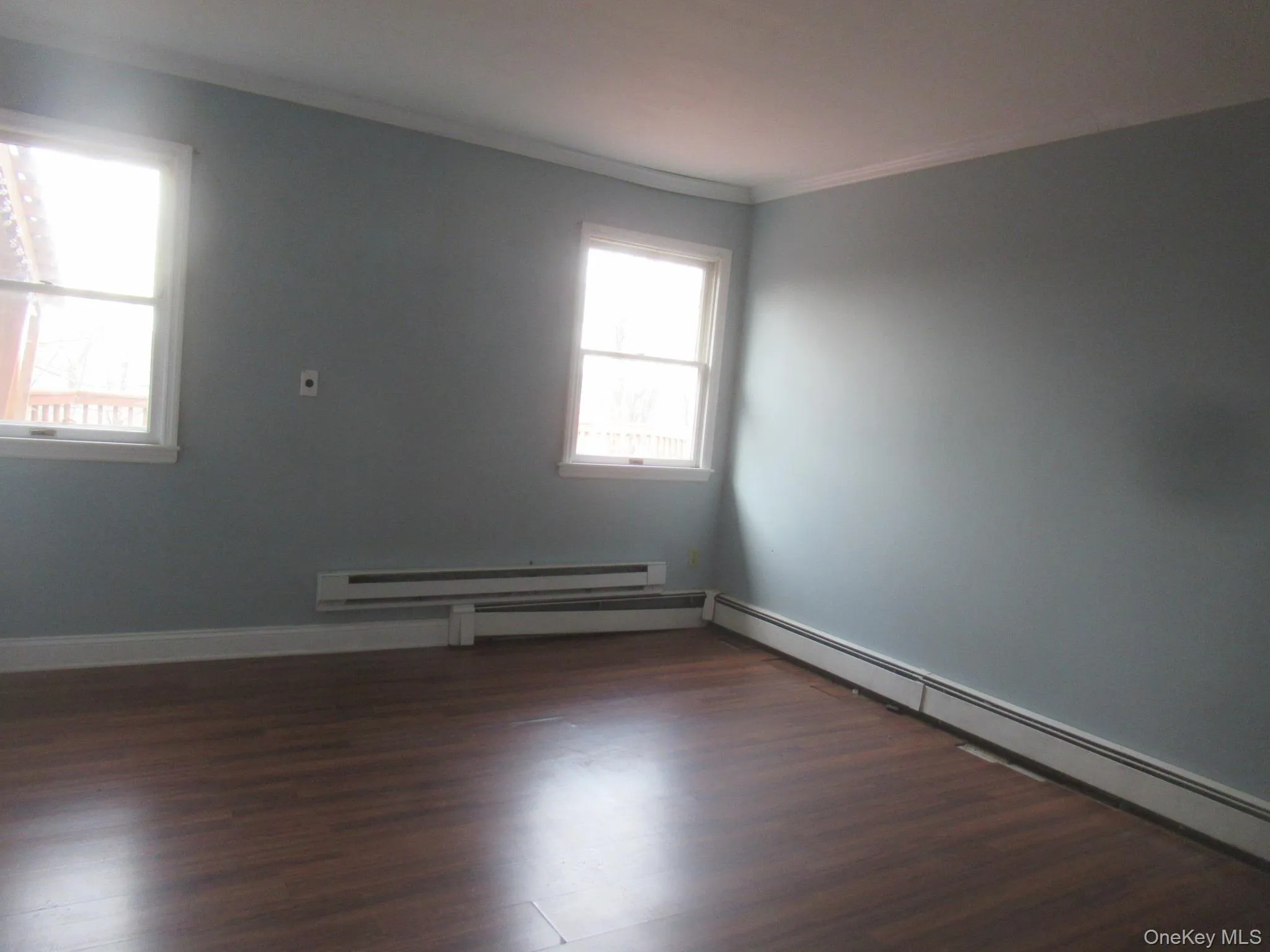 Empty room with ornamental molding, a baseboard radiator, dark wood-type flooring, and baseboard heating Empty room with ornamental molding, a baseboard radiator, dark wood-type flooring, and baseboard heating