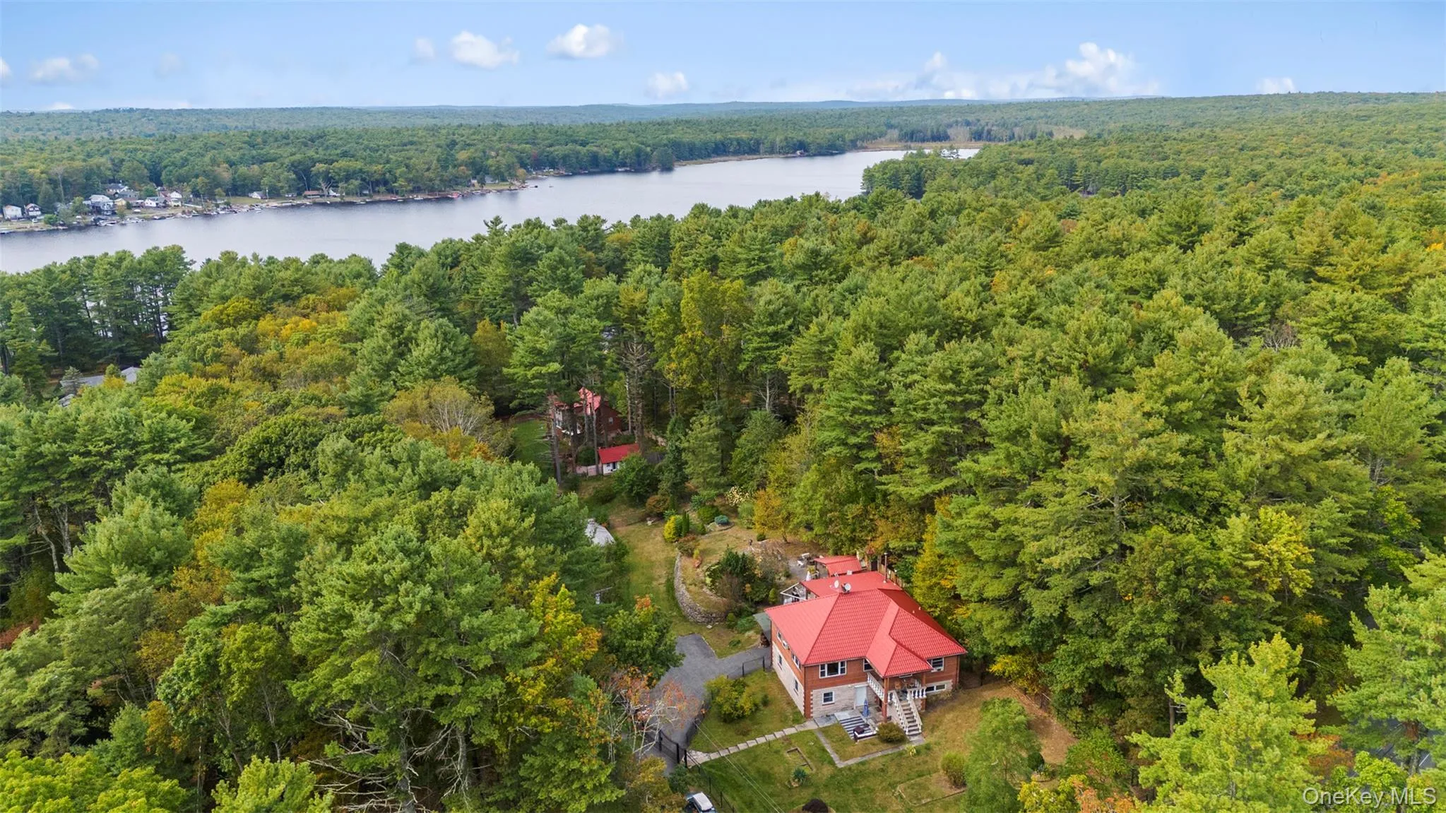 Aerial view of a heavily wooded area and a nearby body of water Aerial view of a heavily wooded area and a nearby body of water