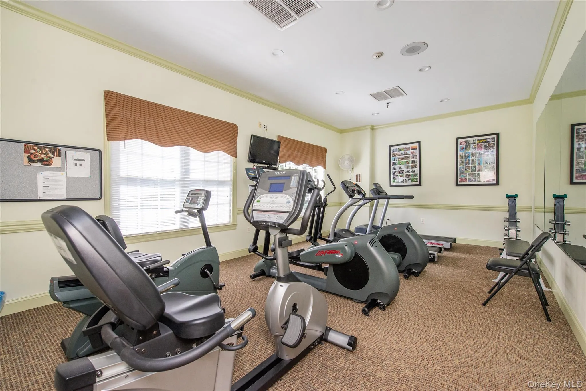 Dedicated fitness room featuring cardio equipment, strength training machines, broadloom carpeting, and wall-mounted mirrors Dedicated fitness room featuring cardio equipment, strength training machines, broadloom carpeting, and wall-mounted mirrors