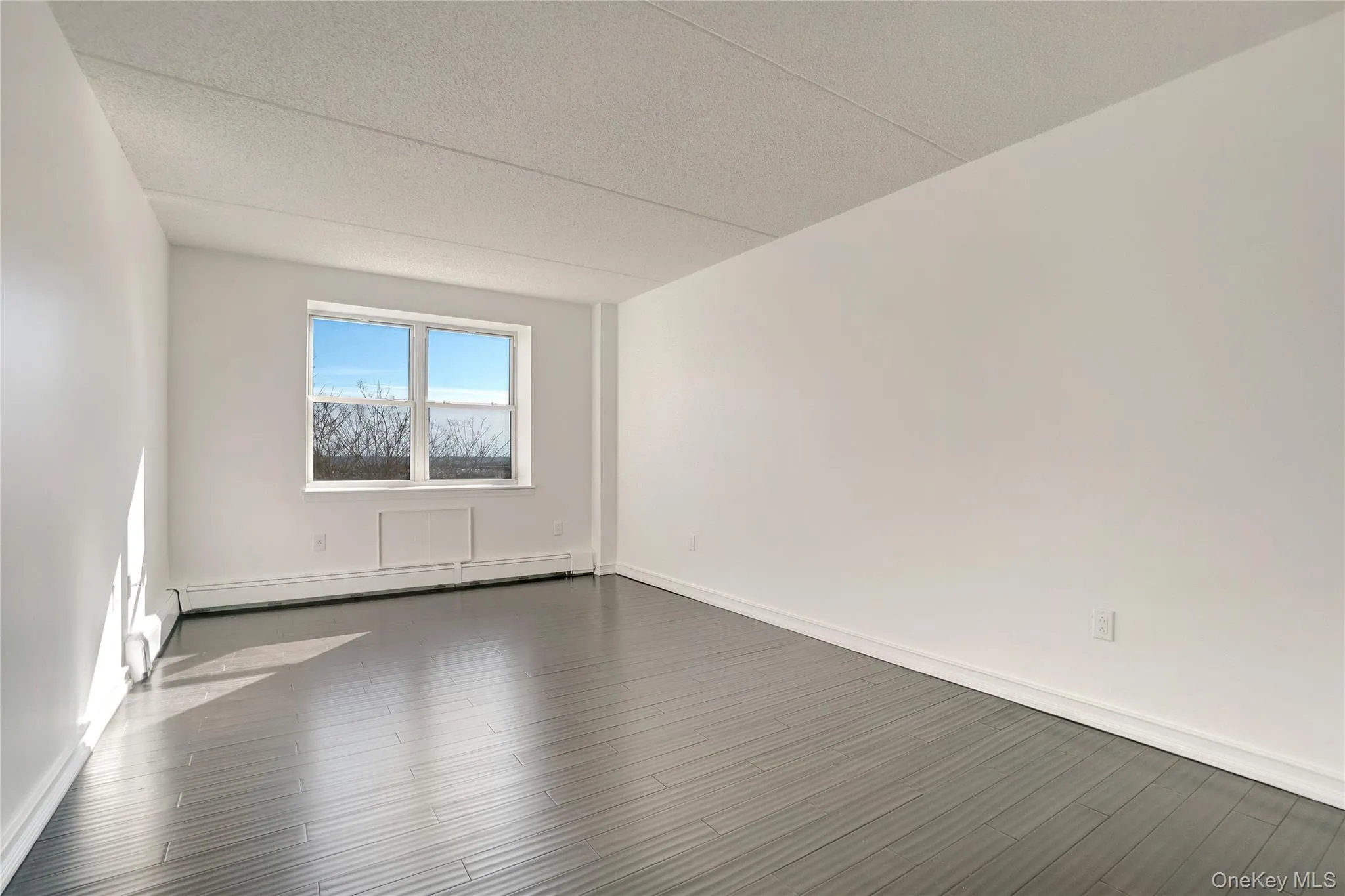 Unfurnished room featuring a textured ceiling, dark wood-style flooring, and a baseboard heating unit Unfurnished room featuring a textured ceiling, dark wood-style flooring, and a baseboard heating unit