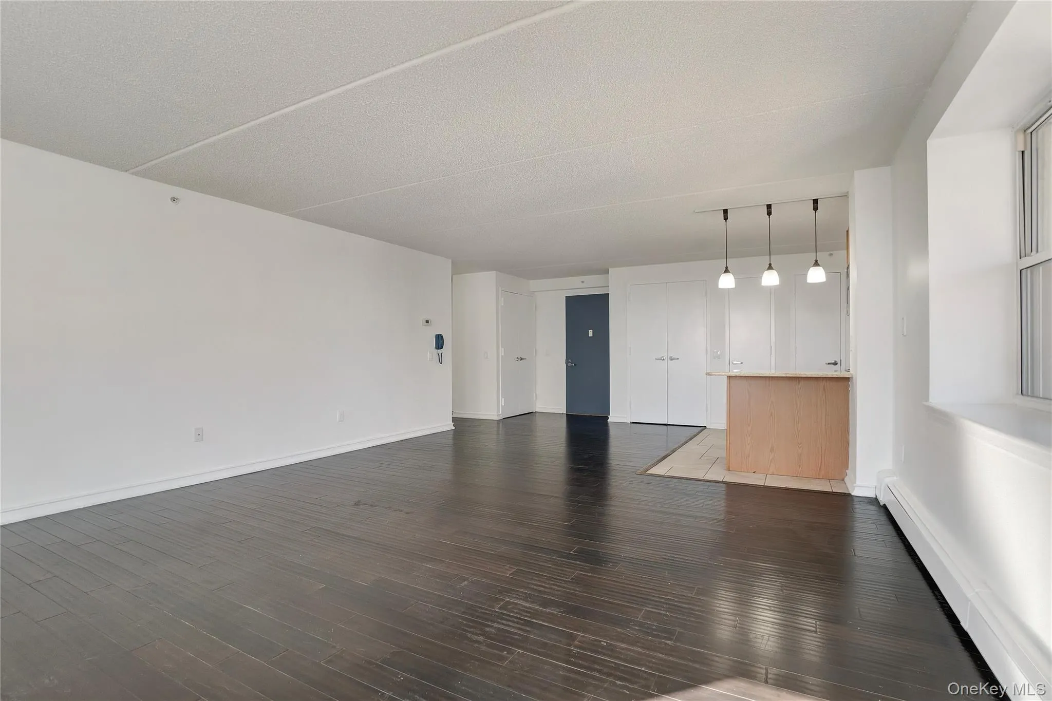 Unfurnished living room featuring baseboard heating, dark wood-style floors, and a textured ceiling Unfurnished living room featuring baseboard heating, dark wood-style floors, and a textured ceiling
