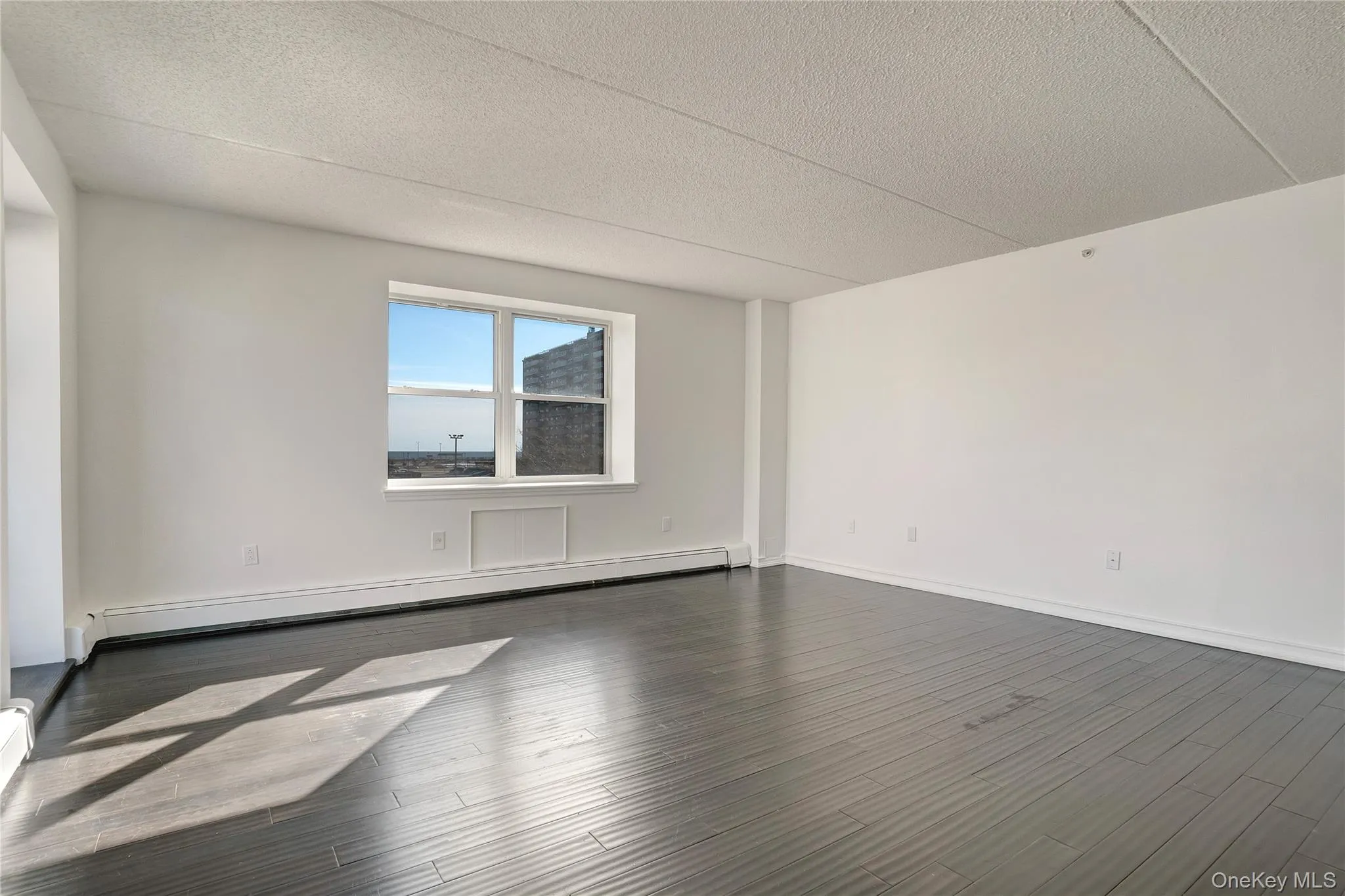 Empty room featuring a baseboard radiator, dark wood finished floors, and a textured ceiling Empty room featuring a baseboard radiator, dark wood finished floors, and a textured ceiling