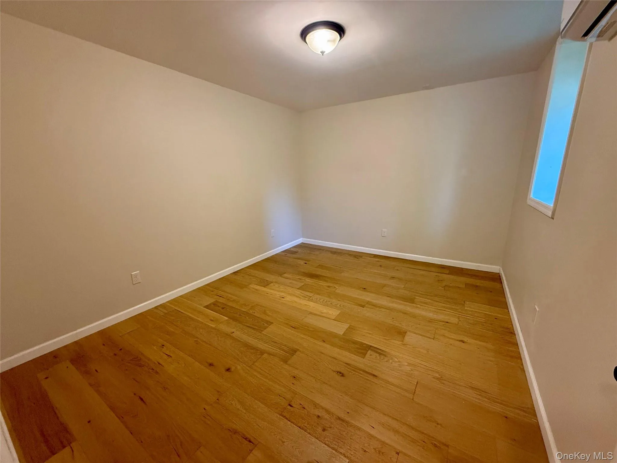 Room featuring wood-finish flooring, neutral wall tones, white trim, a flush-mount ceiling light fixture, and a vertical window Room featuring wood-finish flooring, neutral wall tones, white trim, a flush-mount ceiling light fixture, and a vertical window