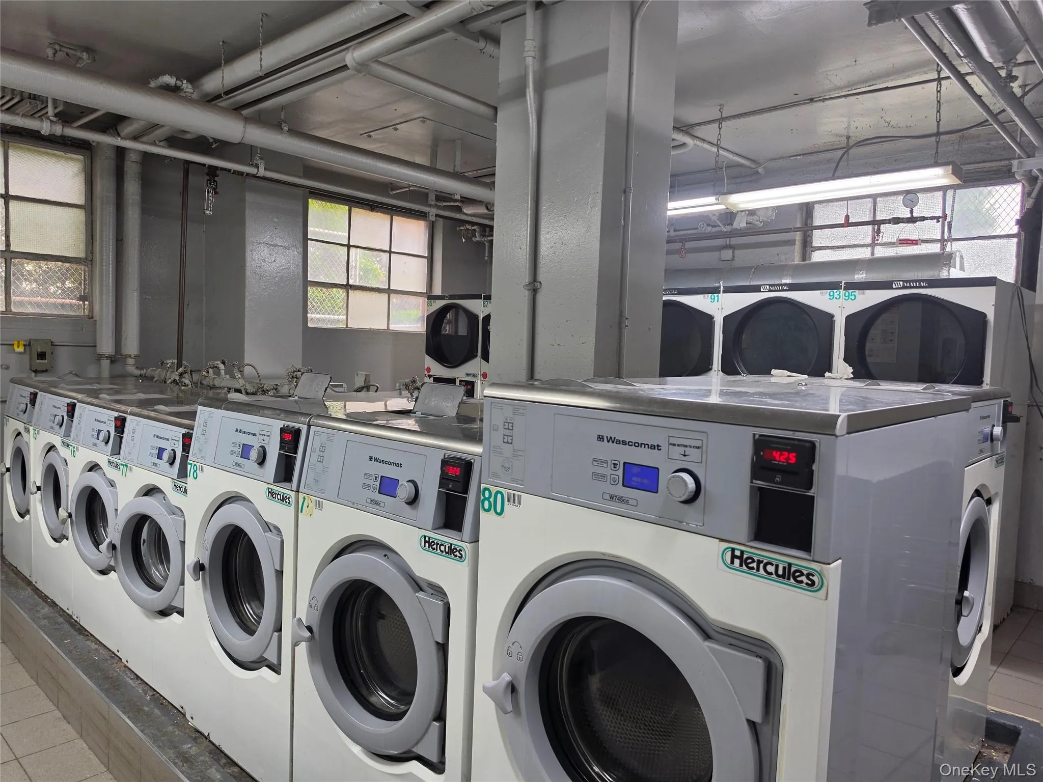 Common area laundry room with lots of washers, dryers and folding tables. Common area laundry room with lots of washers, dryers and folding tables.