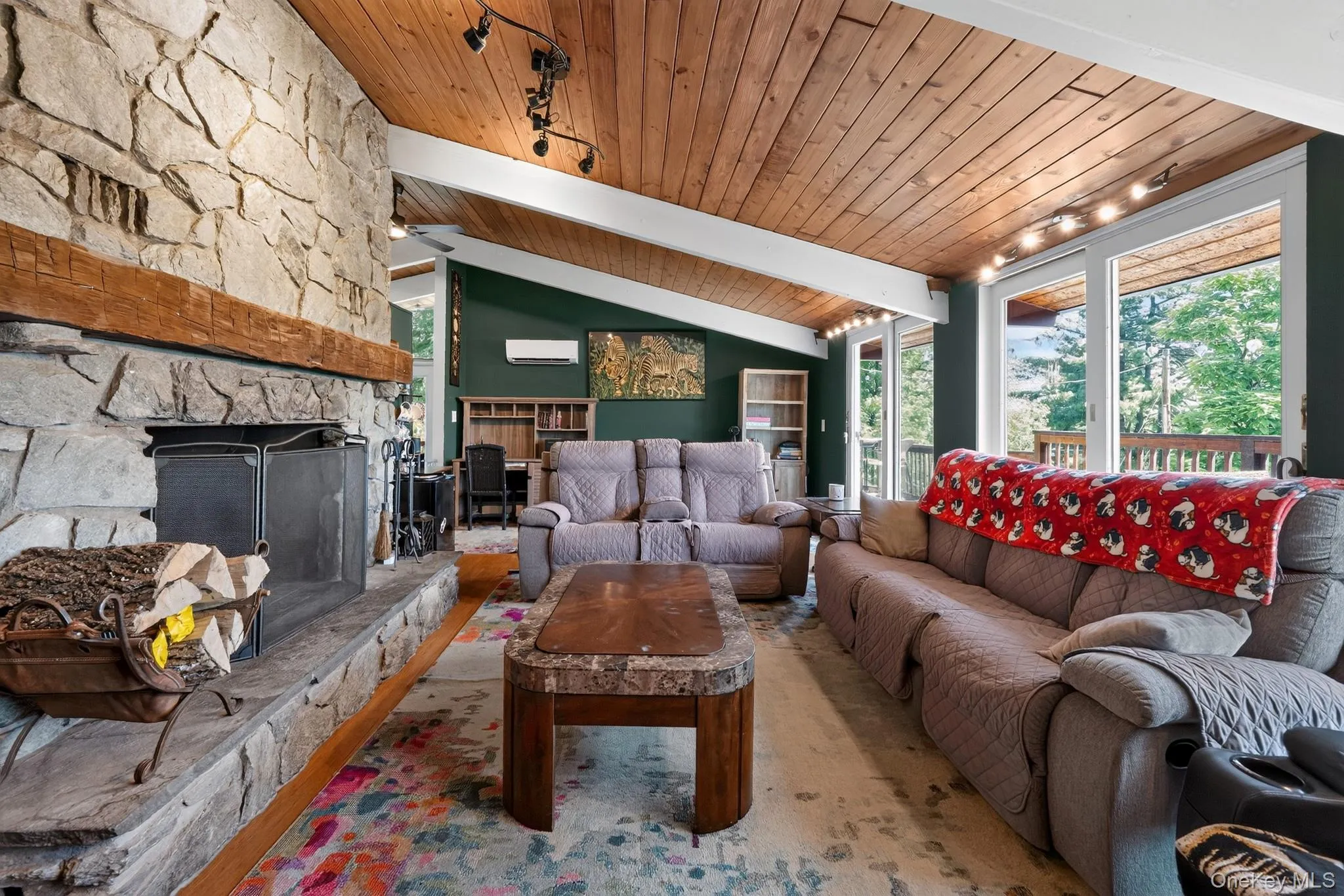 Vaulted wood-finish ceiling with track lighting Vaulted wood-finish ceiling with track lighting