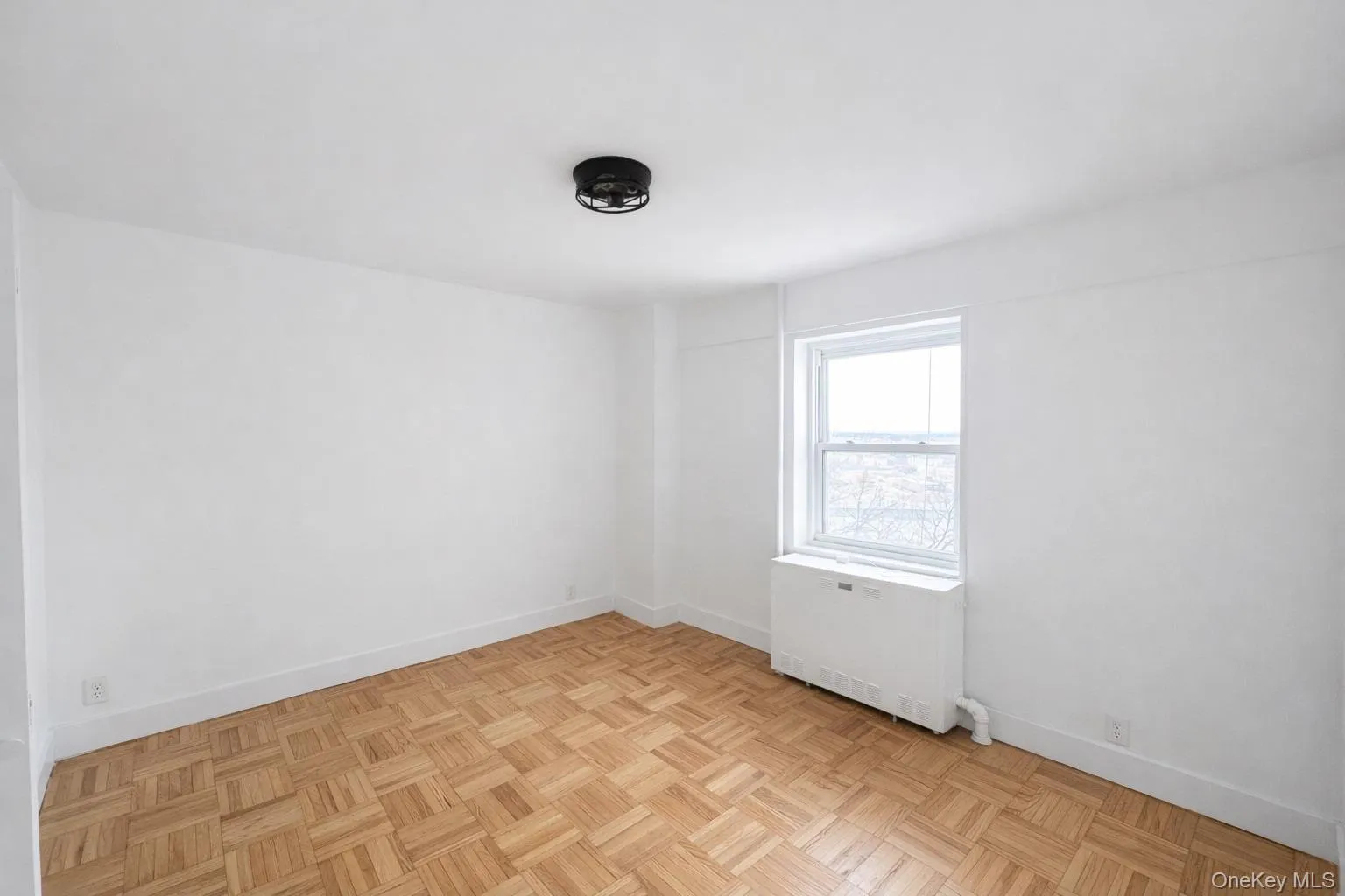 Parquet wood-finish flooring with white baseboards Parquet wood-finish flooring with white baseboards