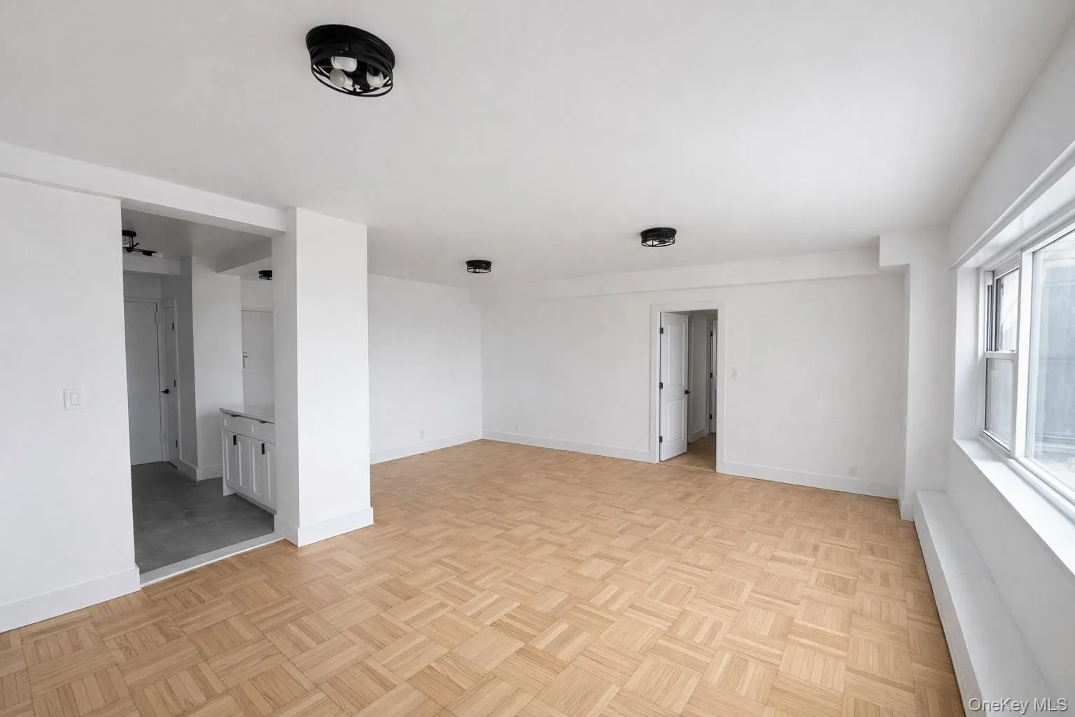 Spacious living room featuring wood parquet flooring, white walls, and contemporary black flush-mount lighting fixtures Spacious living room featuring wood parquet flooring, white walls, and contemporary black flush-mount lighting fixtures
