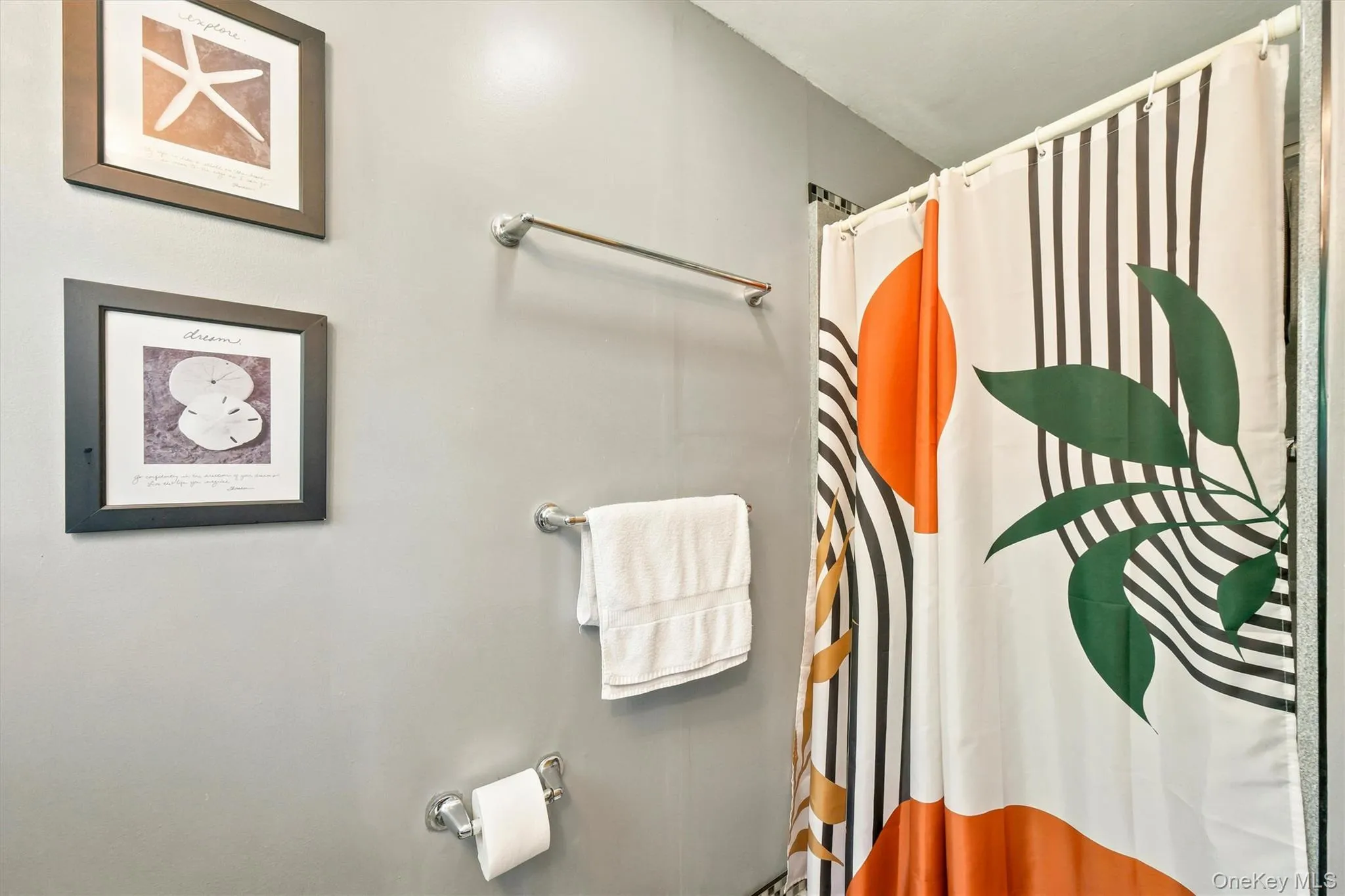 Smooth gray wall finish with chrome towel bars and toilet paper holder Smooth gray wall finish with chrome towel bars and toilet paper holder