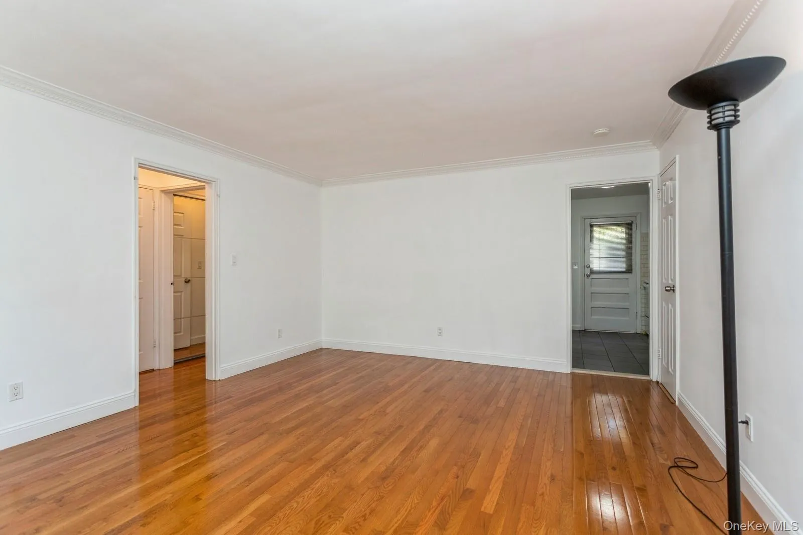Unfurnished room with light wood-style flooring, ornamental molding, and a smoke detector Unfurnished room with light wood-style flooring, ornamental molding, and a smoke detector