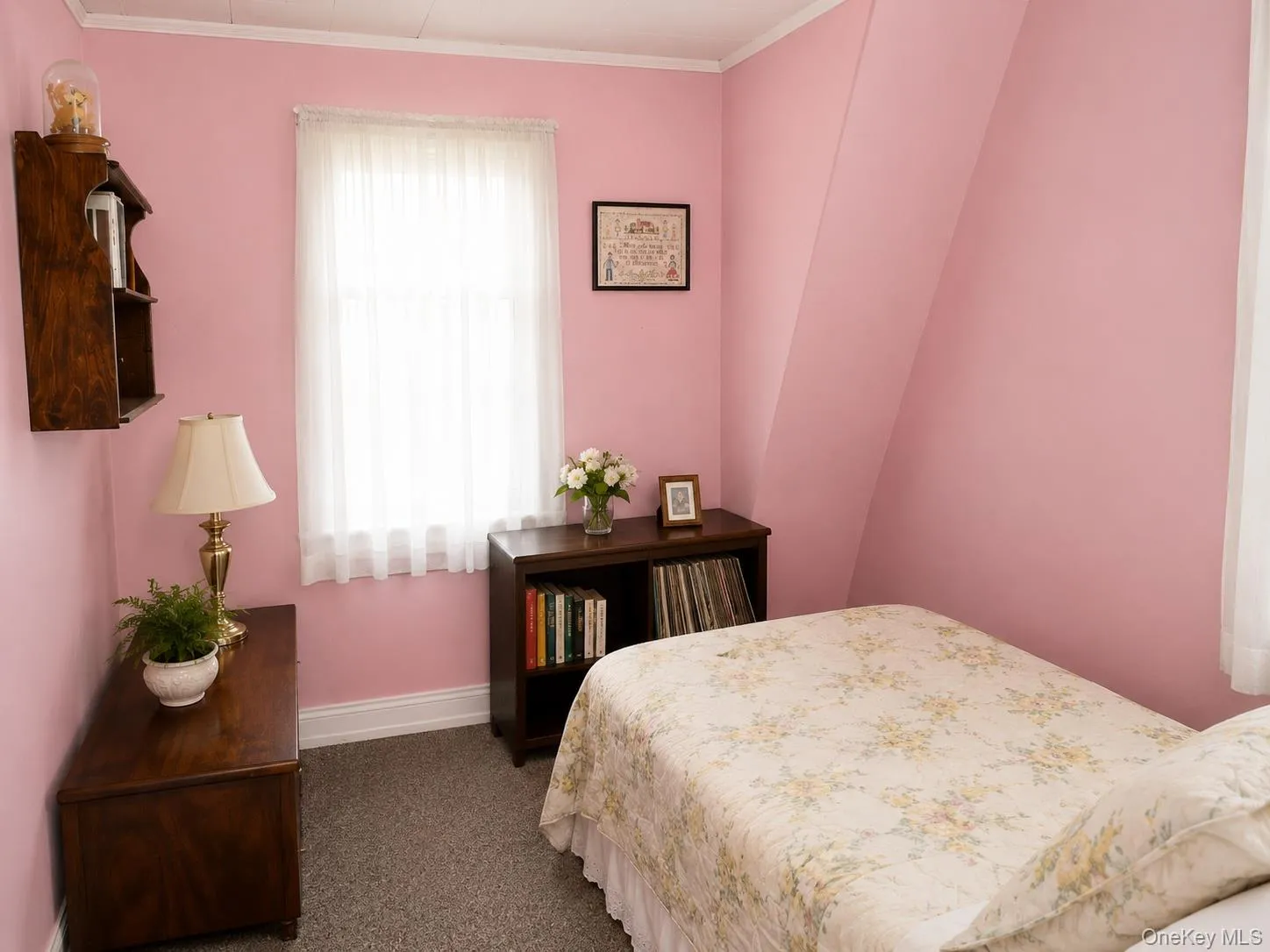Bedroom, Interior room with sloped ceiling and light pink walls Bedroom, Interior room with sloped ceiling and light pink walls