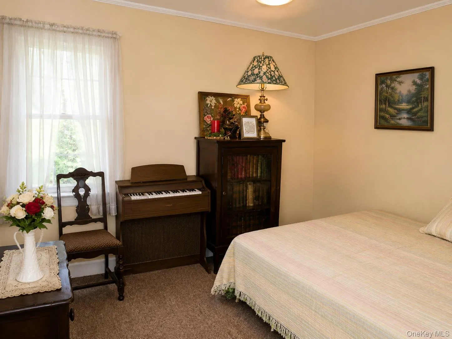 Bedroom, Neutral wall paint complemented by white crown molding Bedroom, Neutral wall paint complemented by white crown molding