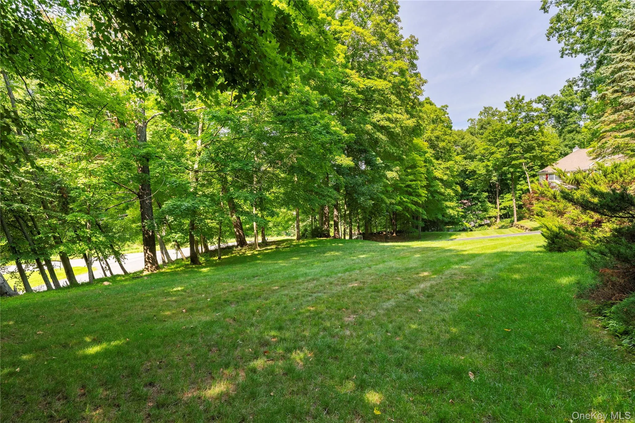 Expansive green lawn surrounded by mature trees, offering a private outdoor setting Expansive green lawn surrounded by mature trees, offering a private outdoor setting