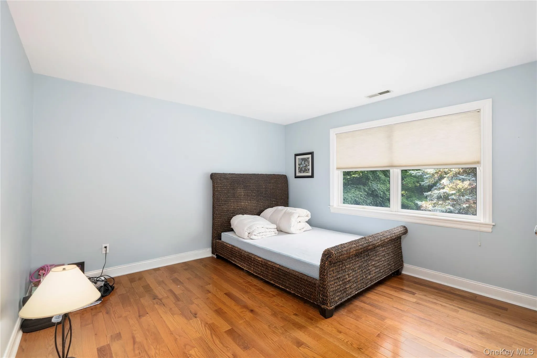 Room featuring wood-finish flooring, light blue wall paint, white trim, and a window with roller shades Room featuring wood-finish flooring, light blue wall paint, white trim, and a window with roller shades