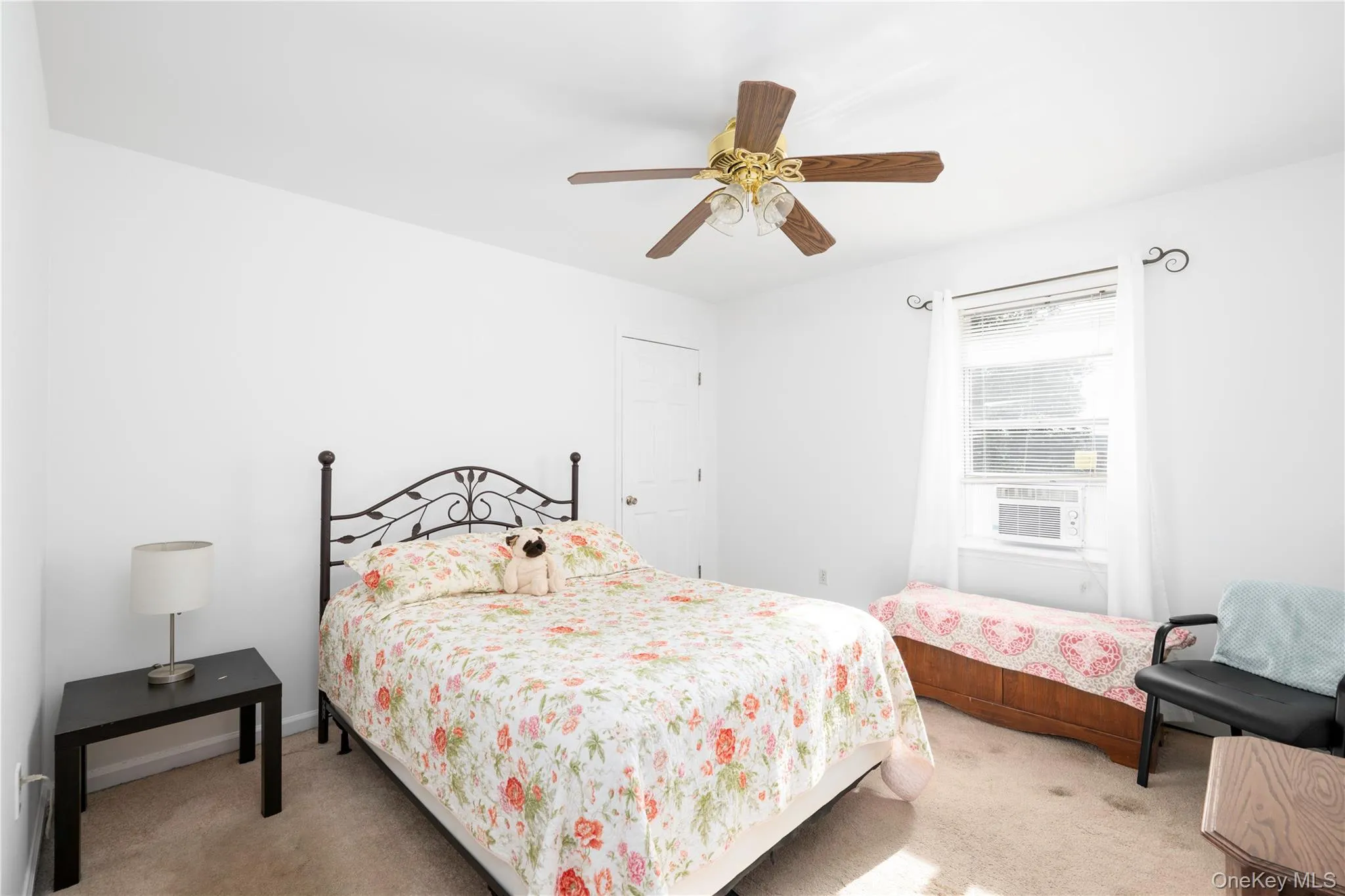 Bright room featuring a ceiling fan with wood-finish blades, a single window, and a light-colored carpeted floor Bright room featuring a ceiling fan with wood-finish blades, a single window, and a light-colored carpeted floor