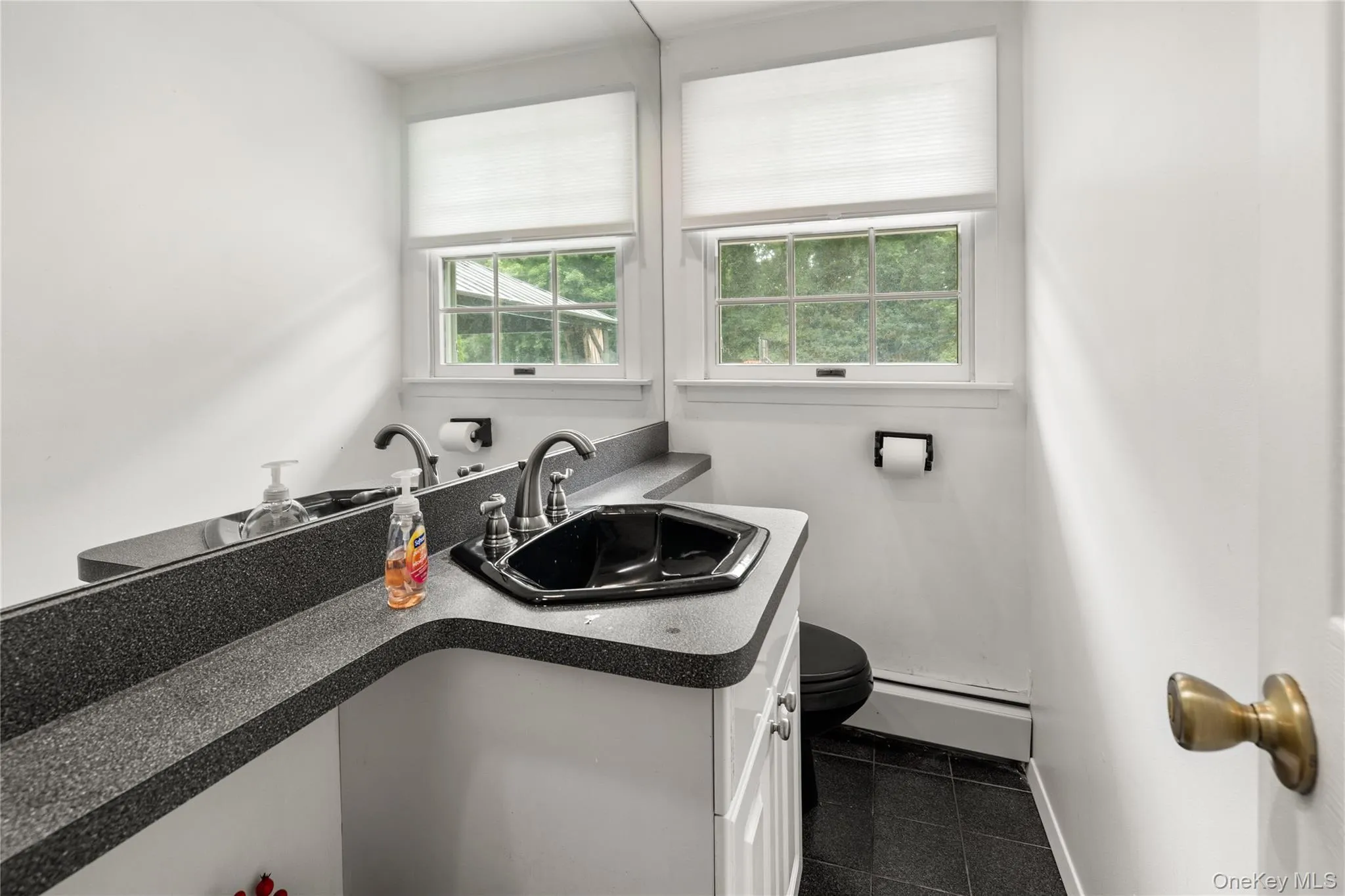 Bathroom featuring a dual-sink vanity with a dark speckled countertop and integral black sinks Bathroom featuring a dual-sink vanity with a dark speckled countertop and integral black sinks