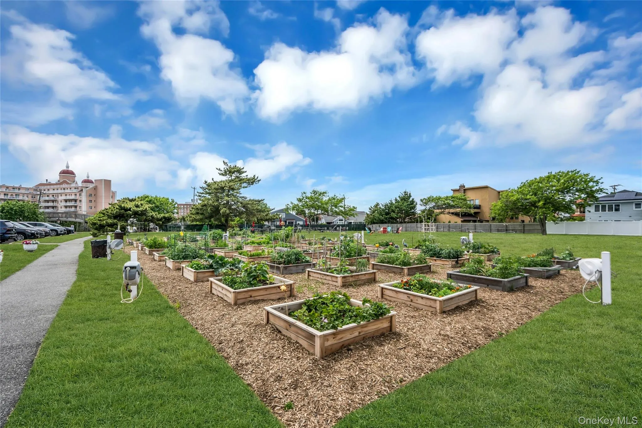Raised Garden on Large Lawn with Outdoor Seating, Fire Pit with Adirondack Chairs Raised Garden on Large Lawn with Outdoor Seating, Fire Pit with Adirondack Chairs