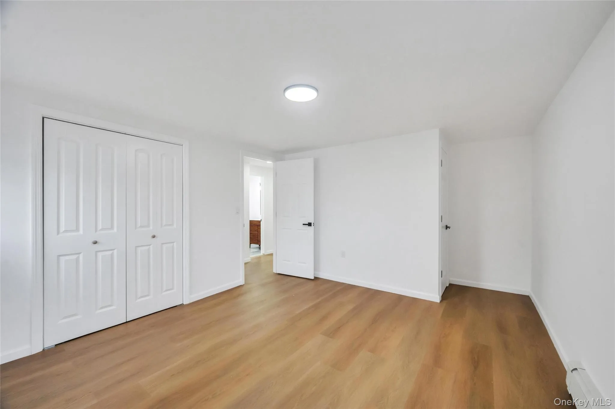 Bright room featuring wood-finish flooring, white walls, and a contemporary ceiling light fixture Bright room featuring wood-finish flooring, white walls, and a contemporary ceiling light fixture