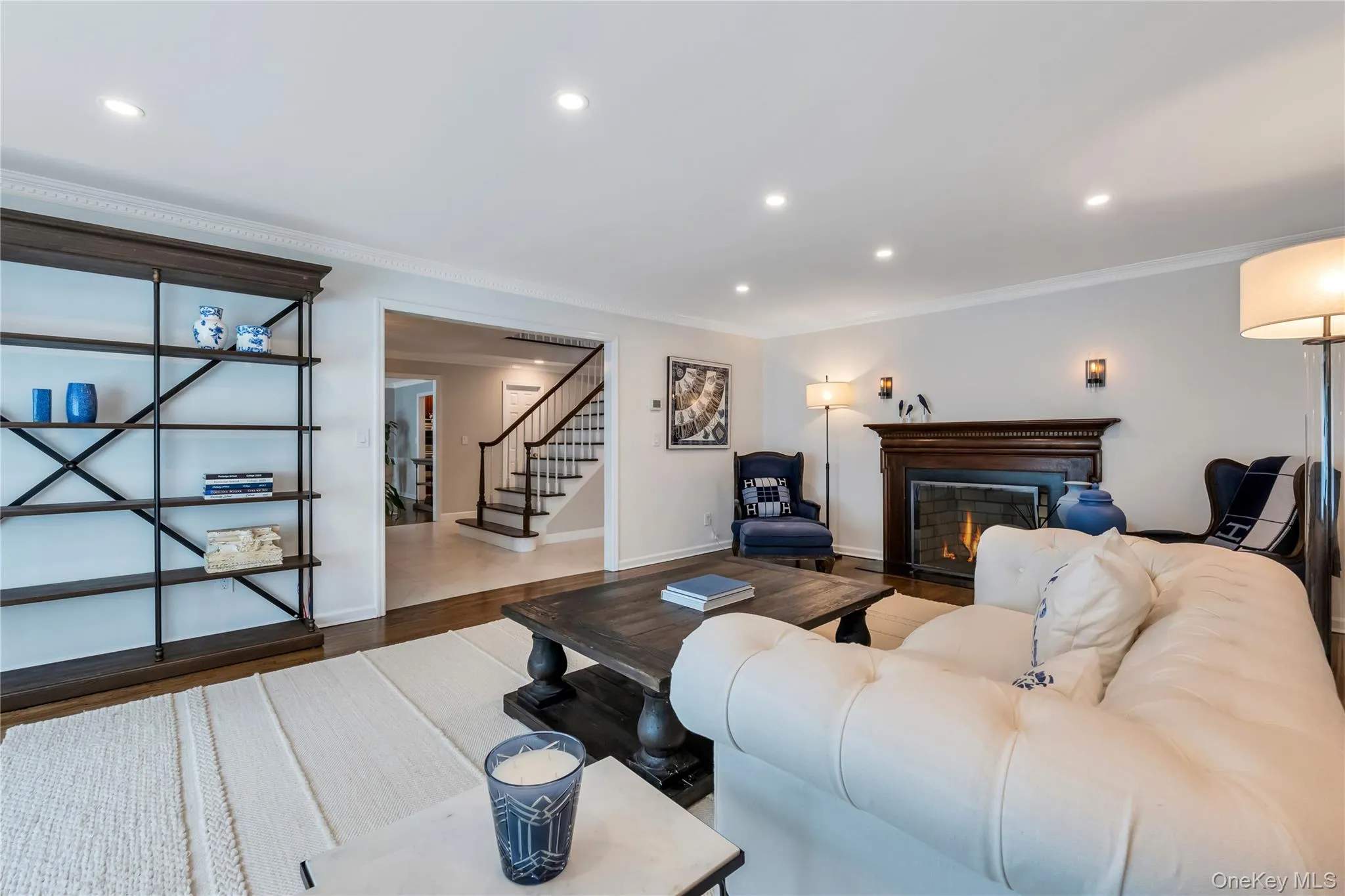 Formal living room with an elegant blue and white design. Formal living room with an elegant blue and white design.