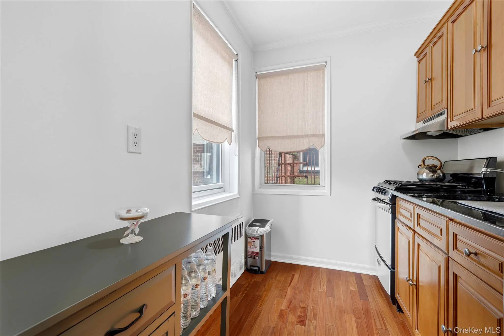 Compact kitchen featuring wood-finish flooring, light-toned cabinetry, dark countertops, and a stainless steel range with overhead ventilation Compact kitchen featuring wood-finish flooring, light-toned cabinetry, dark countertops, and a stainless steel range with overhead ventilation
