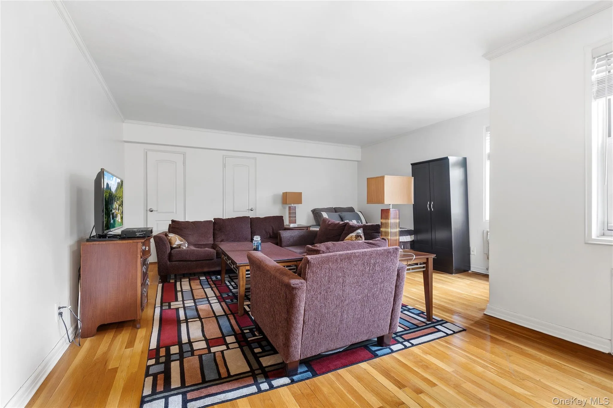 Expansive living area featuring wood-finish flooring, white painted walls, and crown molding Expansive living area featuring wood-finish flooring, white painted walls, and crown molding