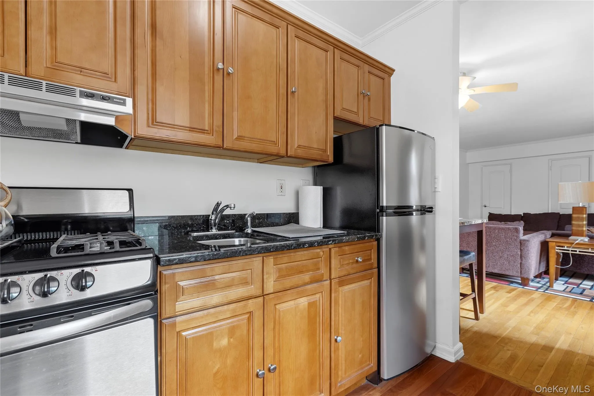 Compact kitchen featuring wood-finish cabinetry, stainless steel appliances, dark stone-finish countertops, and a full-size refrigerator Compact kitchen featuring wood-finish cabinetry, stainless steel appliances, dark stone-finish countertops, and a full-size refrigerator