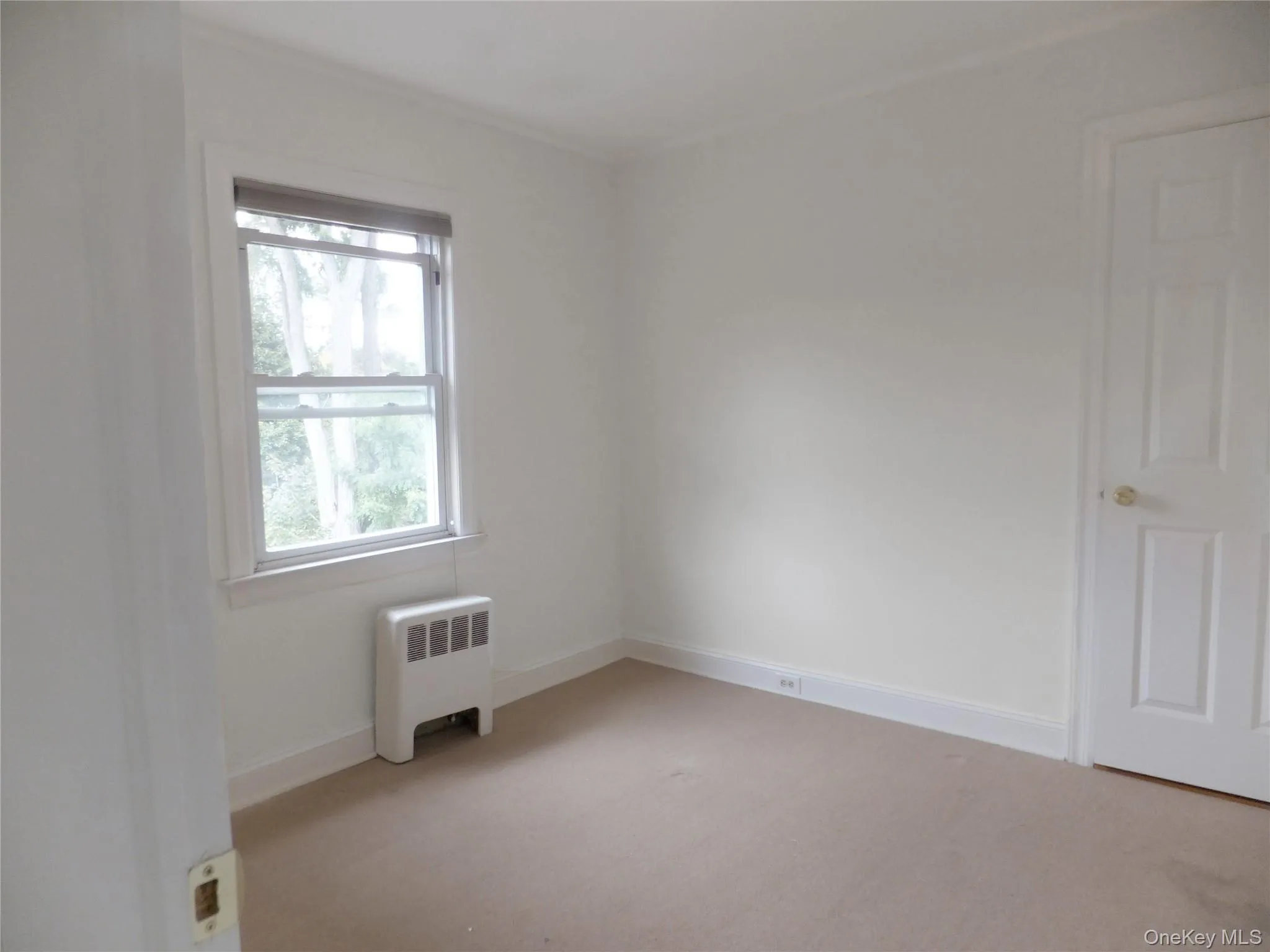 Spare room featuring radiator heating unit and light colored carpet Spare room featuring radiator heating unit and light colored carpet