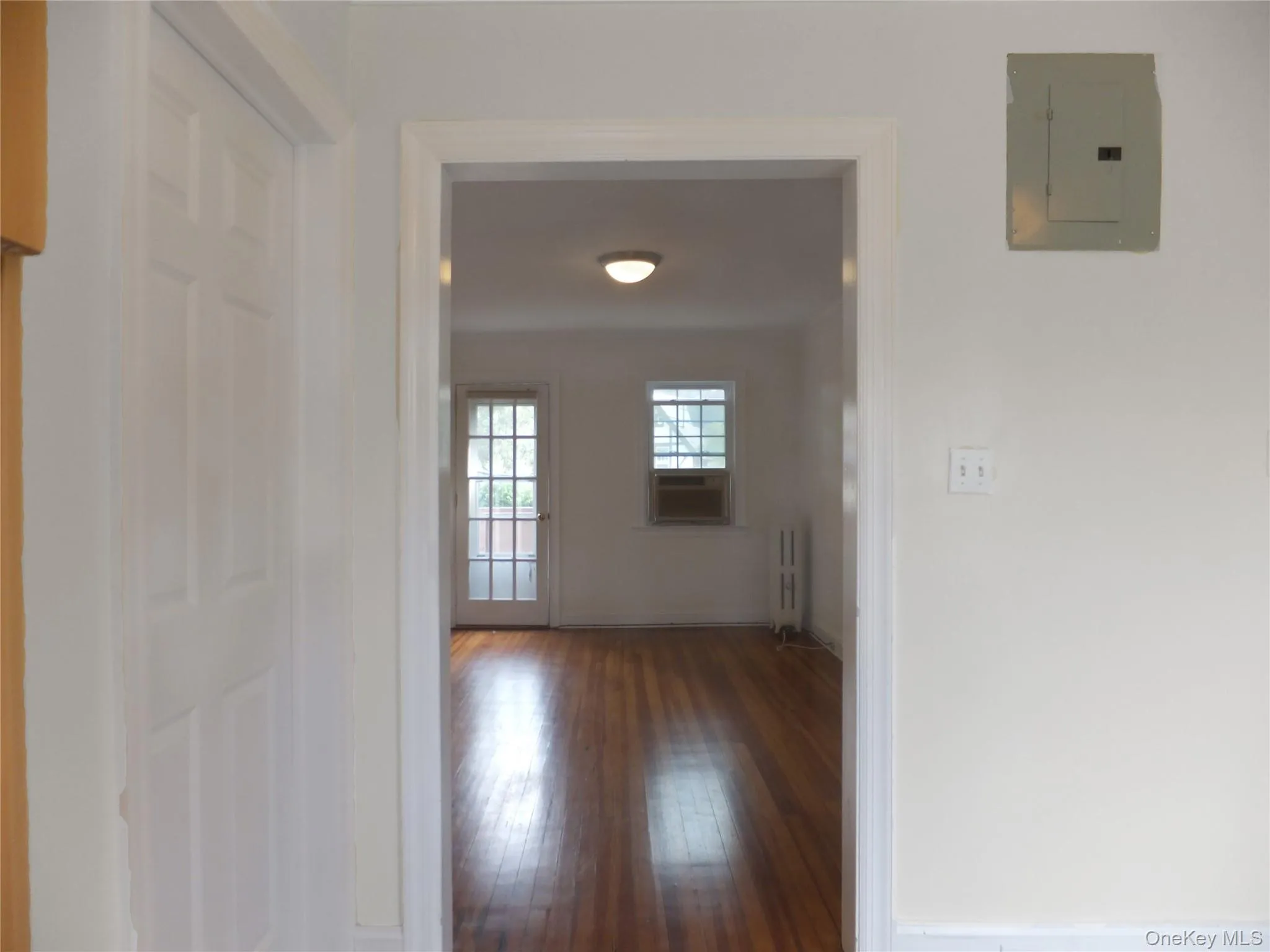 Hallway with electric panel, hardwood / wood-style floors, and radiator Hallway with electric panel, hardwood / wood-style floors, and radiator