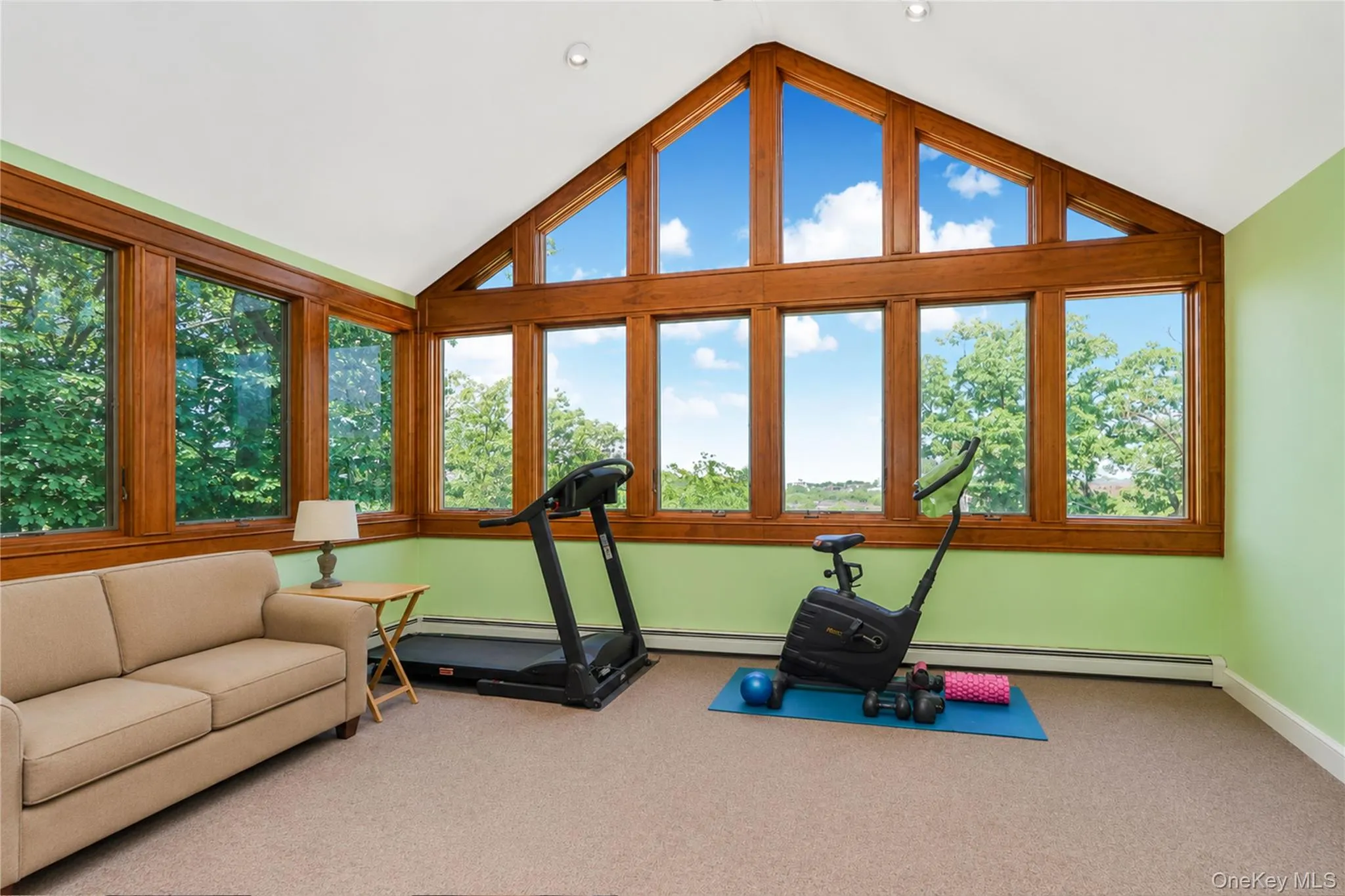 Room featuring expansive windows with wood-finish framing, a vaulted ceiling, and light green wall accents Room featuring expansive windows with wood-finish framing, a vaulted ceiling, and light green wall accents