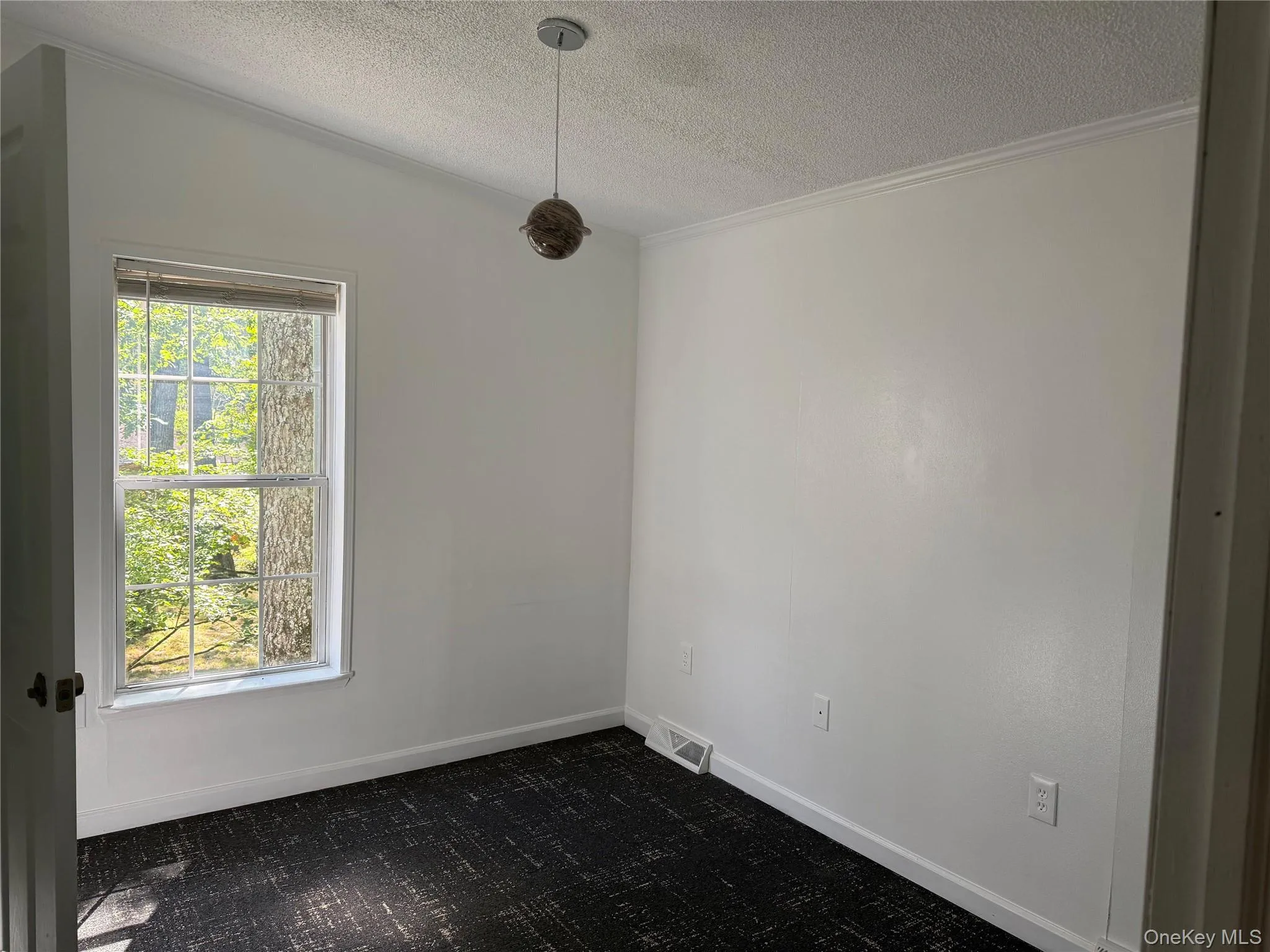 Empty room with a textured ceiling and ornamental molding Empty room with a textured ceiling and ornamental molding