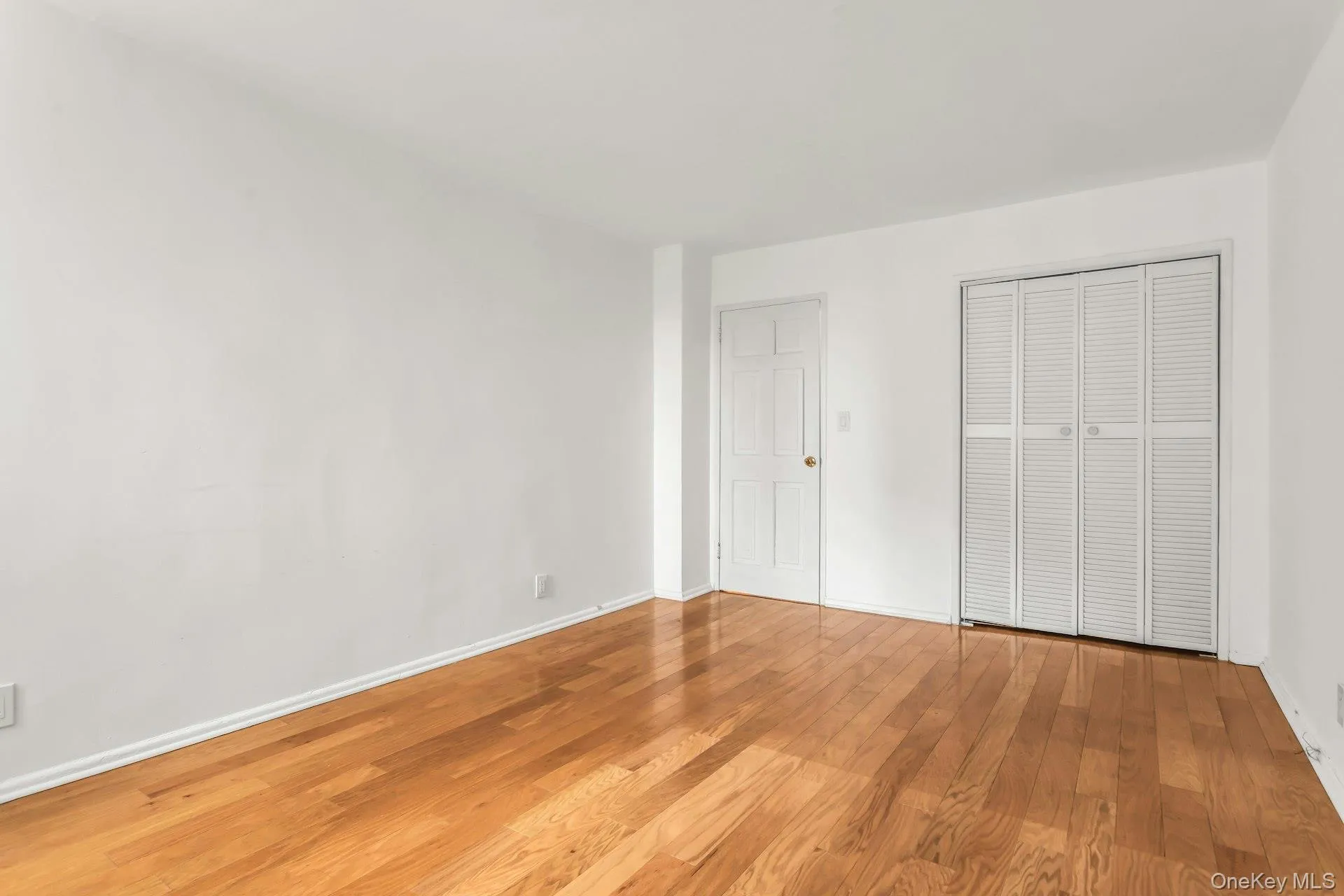 Unfurnished bedroom with wood-type flooring and a closet Unfurnished bedroom with wood-type flooring and a closet