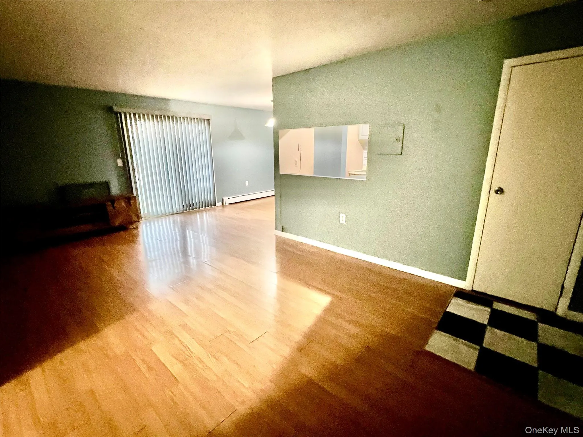 Unfurnished living room featuring wood finished floors and baseboard heating Unfurnished living room featuring wood finished floors and baseboard heating