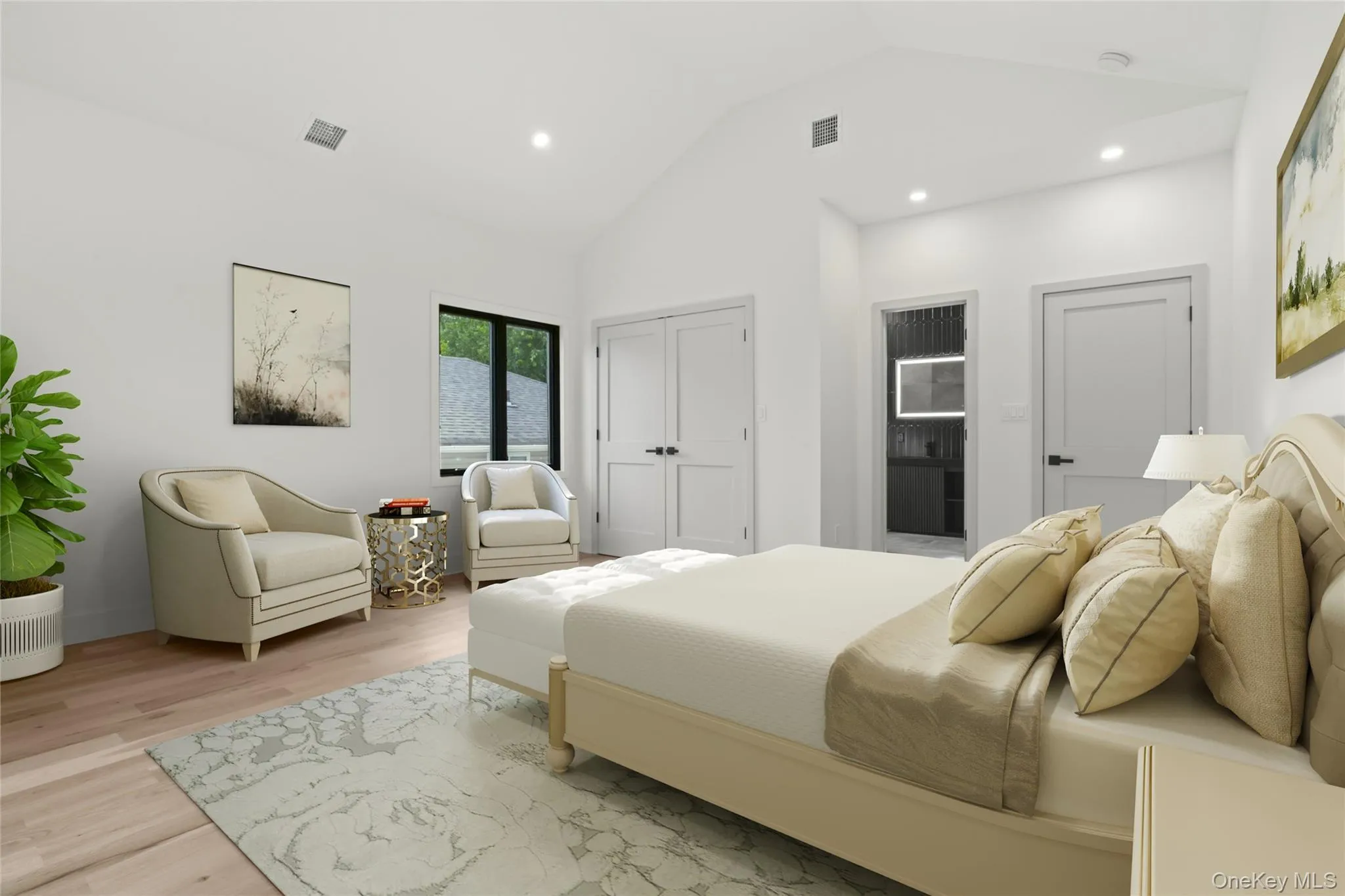 Vaulted ceiling bedroom with recessed lighting, light wood-finish flooring, and a large black-framed window Vaulted ceiling bedroom with recessed lighting, light wood-finish flooring, and a large black-framed window